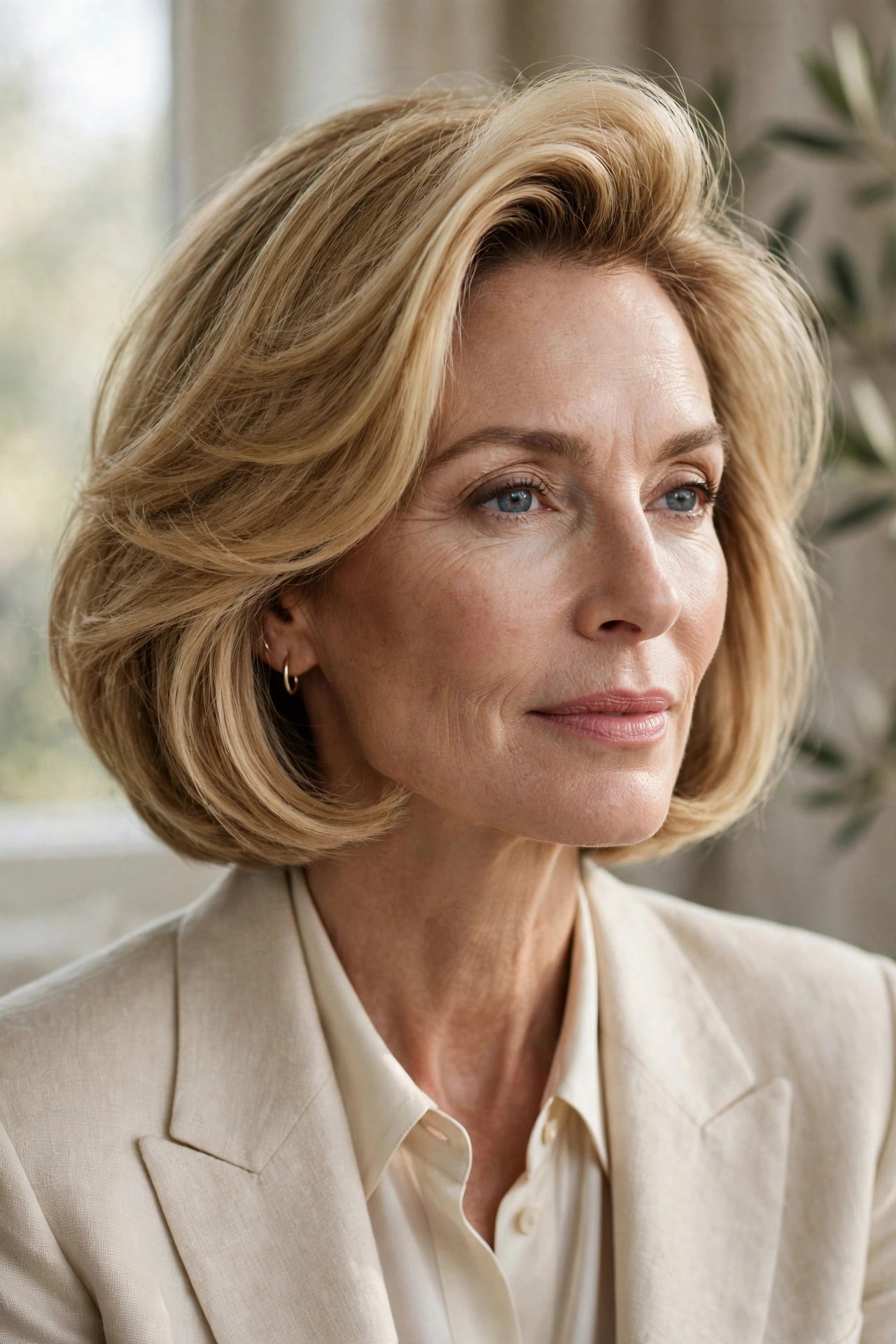Honey blonde chin bob with lifted crown volume