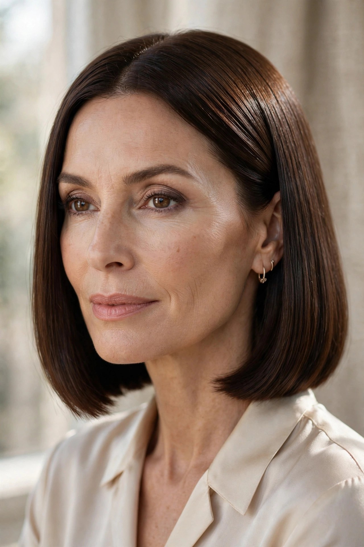 Sleek straight chocolate brown chin bob with high shine
