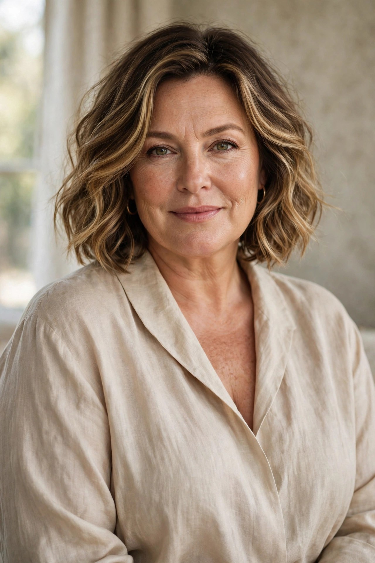 Chin bob with soft loose waves and golden balayage