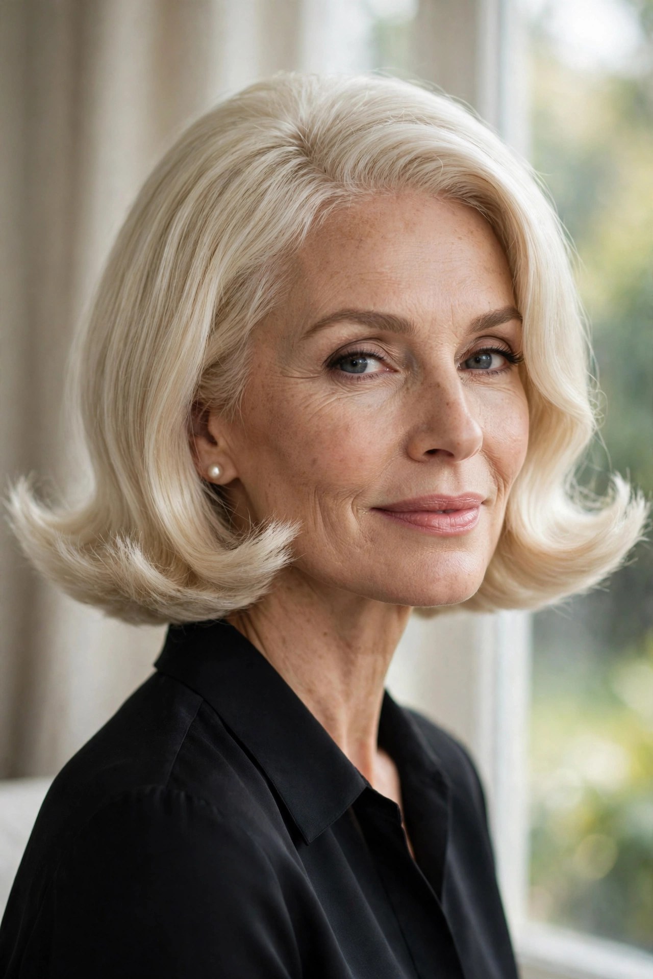 Platinum blonde chin bob with retro flipped-out ends