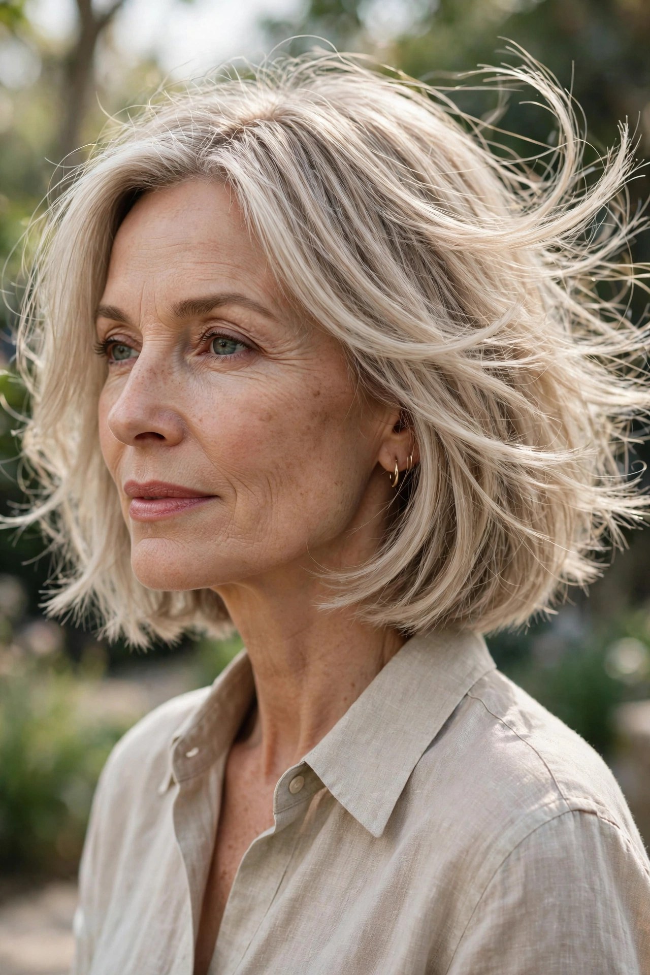 Ash blonde chin bob with feathered ends