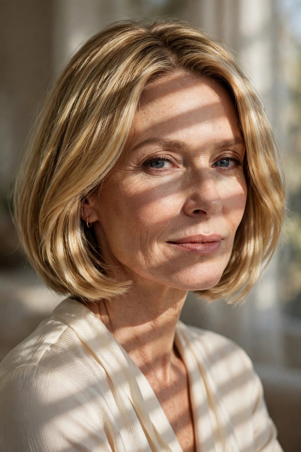 Golden blonde chin bob with dimensional balayage