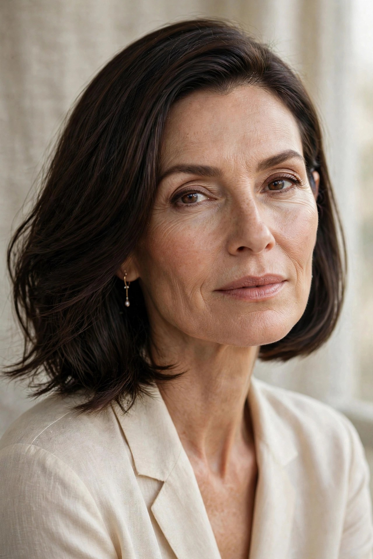 Dark brown chin bob with one side tucked behind the ear