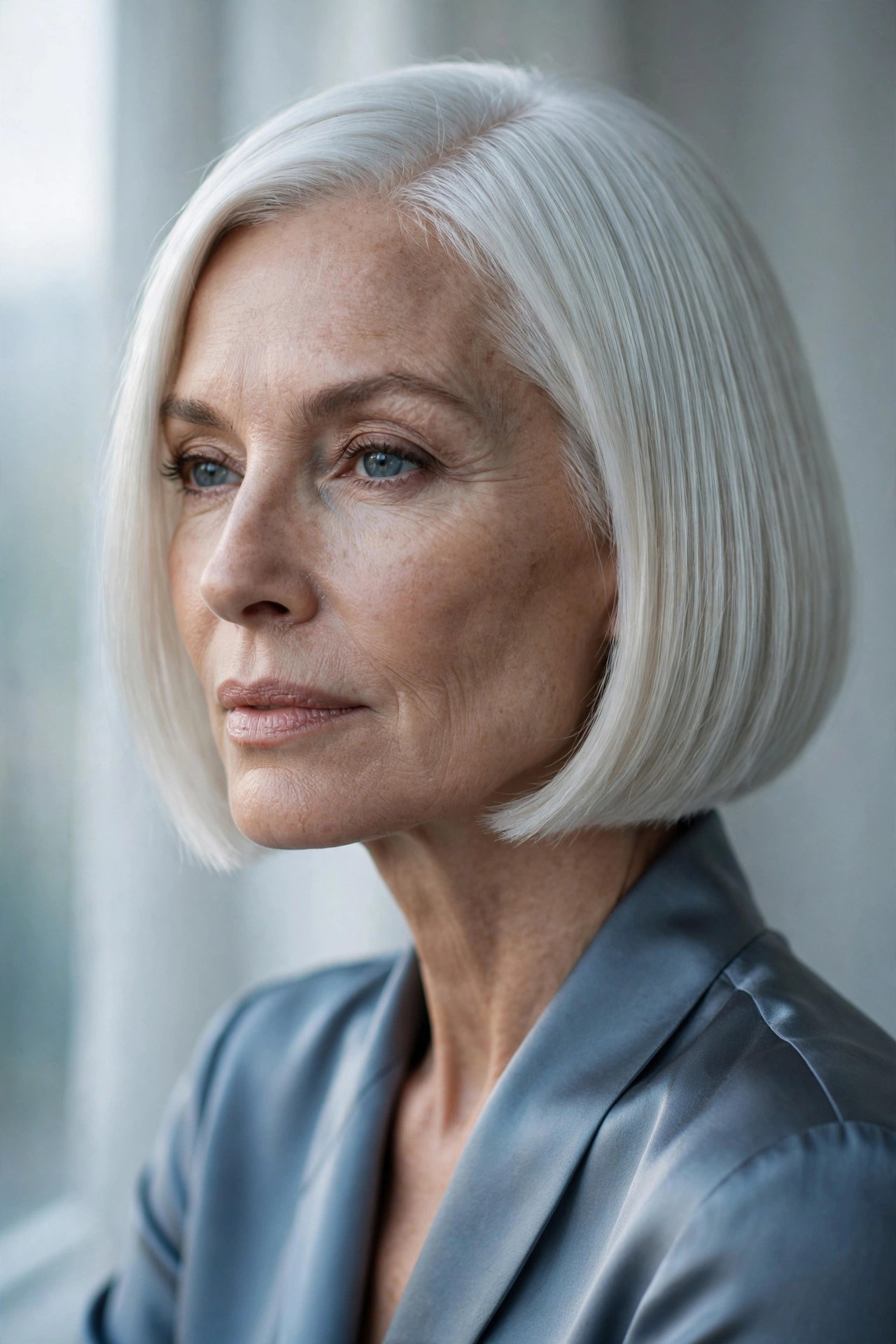 Icy platinum blonde chin bob with sharp cut