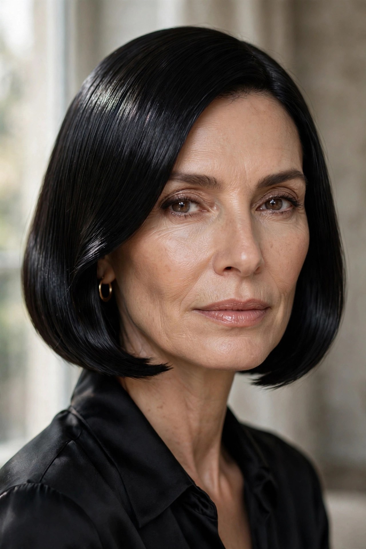 Jet black glossy chin bob
