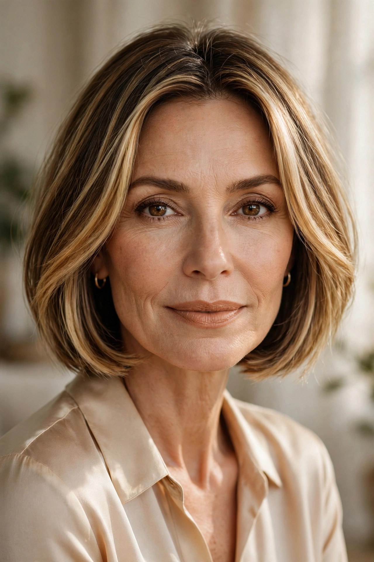Honey bronde chin bob with face-framing pieces