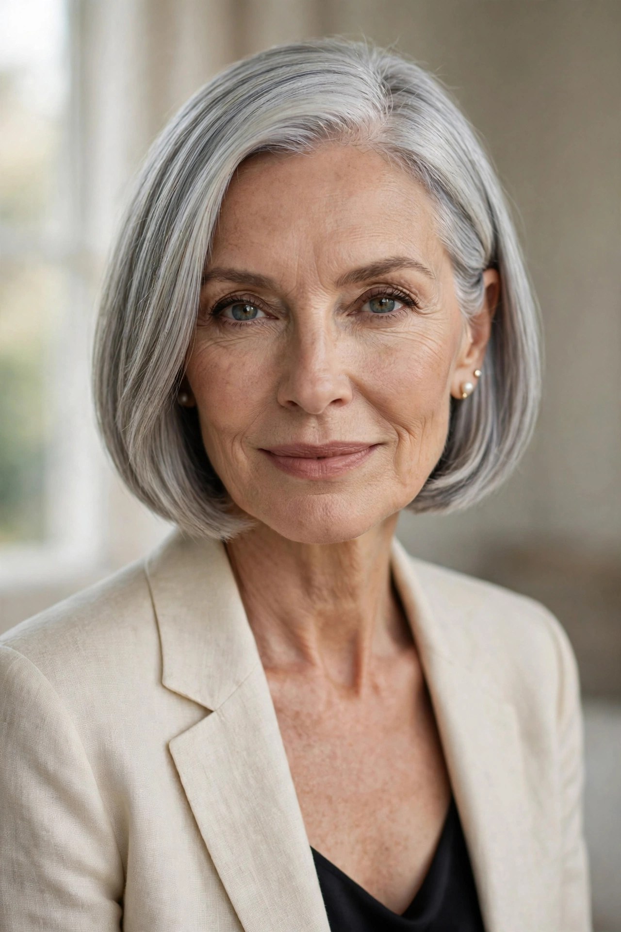 Natural silver gray chin bob with precise cut