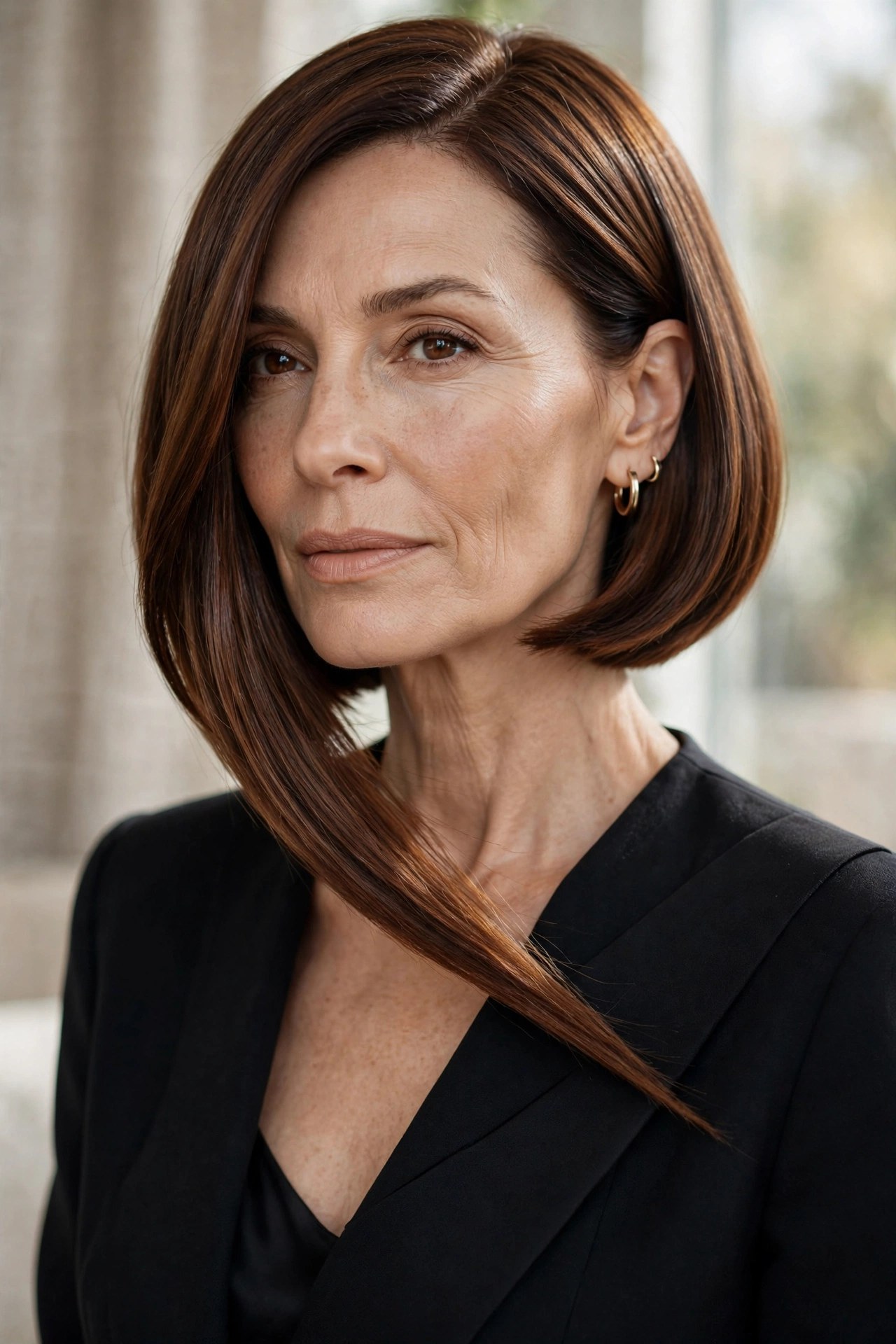 Bold asymmetric chin bob in chestnut brown