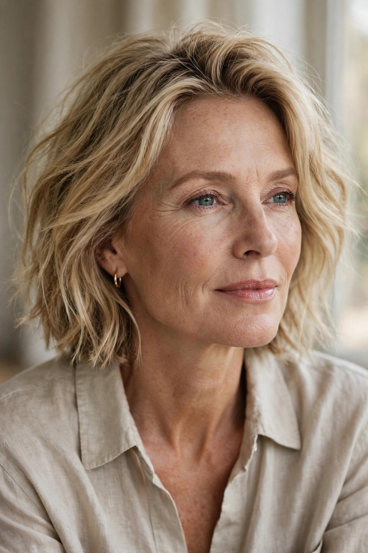 Casual tousled sandy blonde chin bob