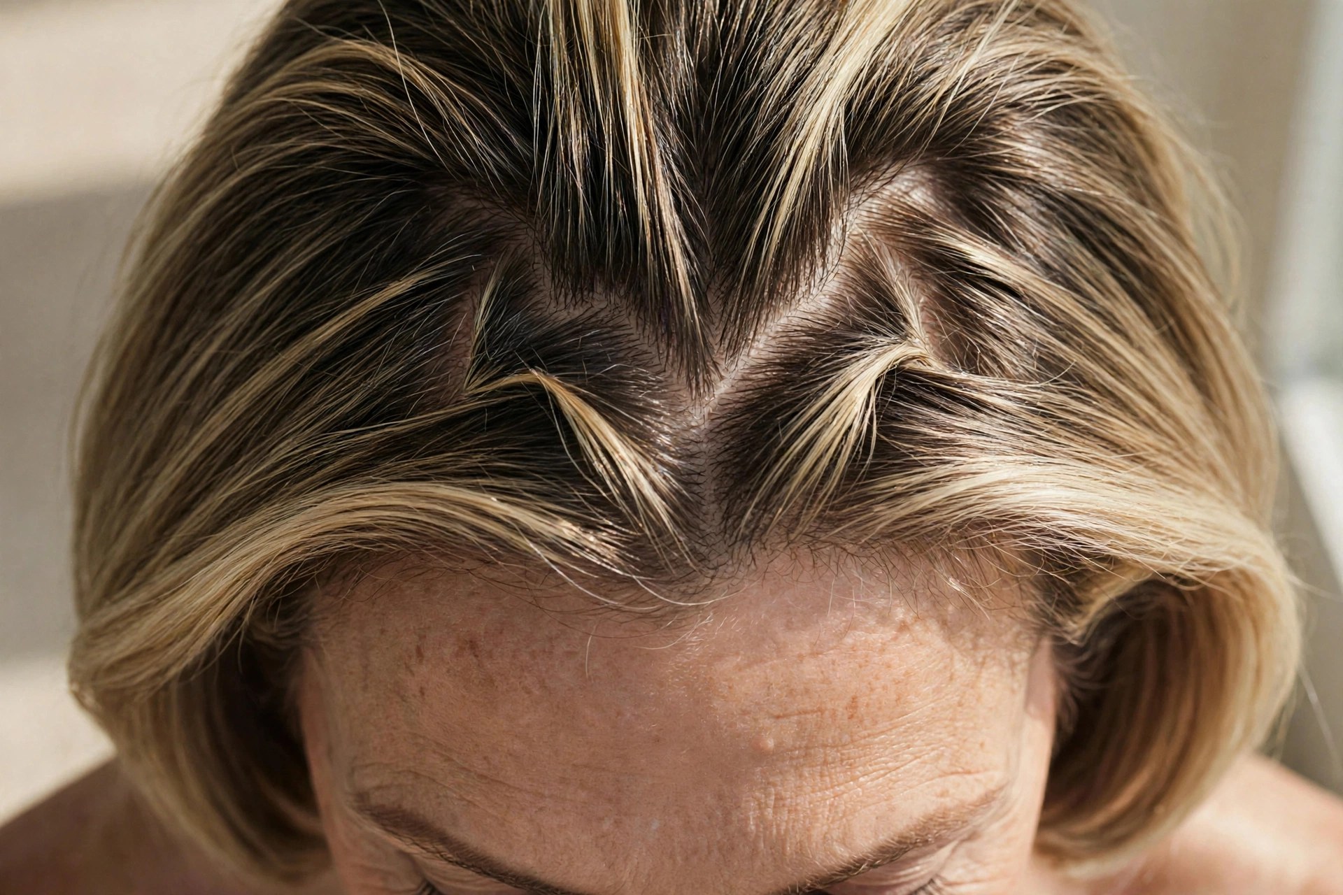 Chin bob with dramatic zigzag part at the crown