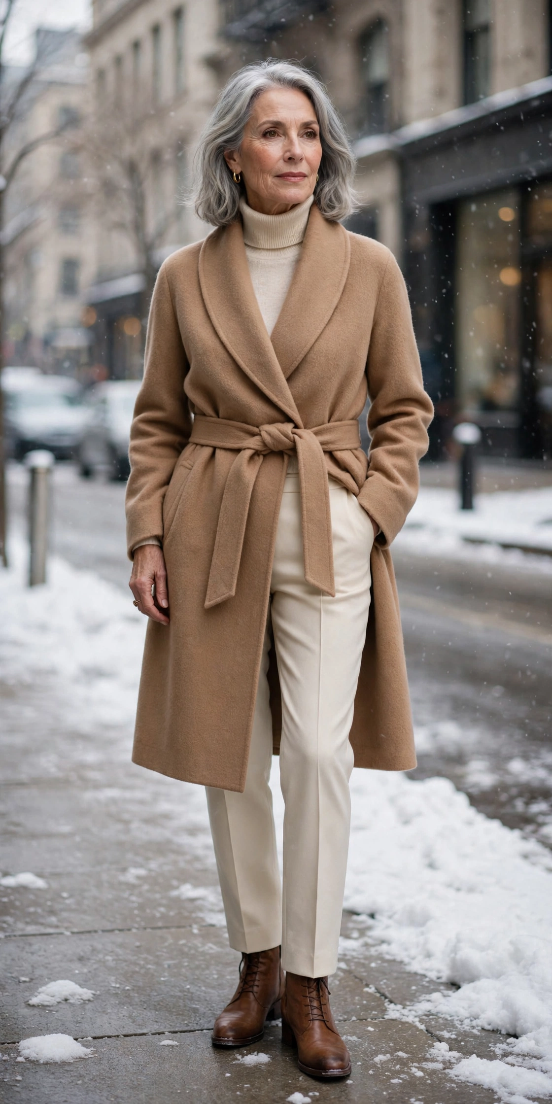 Elegant woman over 60 in a camel wrap coat, cream turtleneck and cream trousers on a snowy city sidewalk