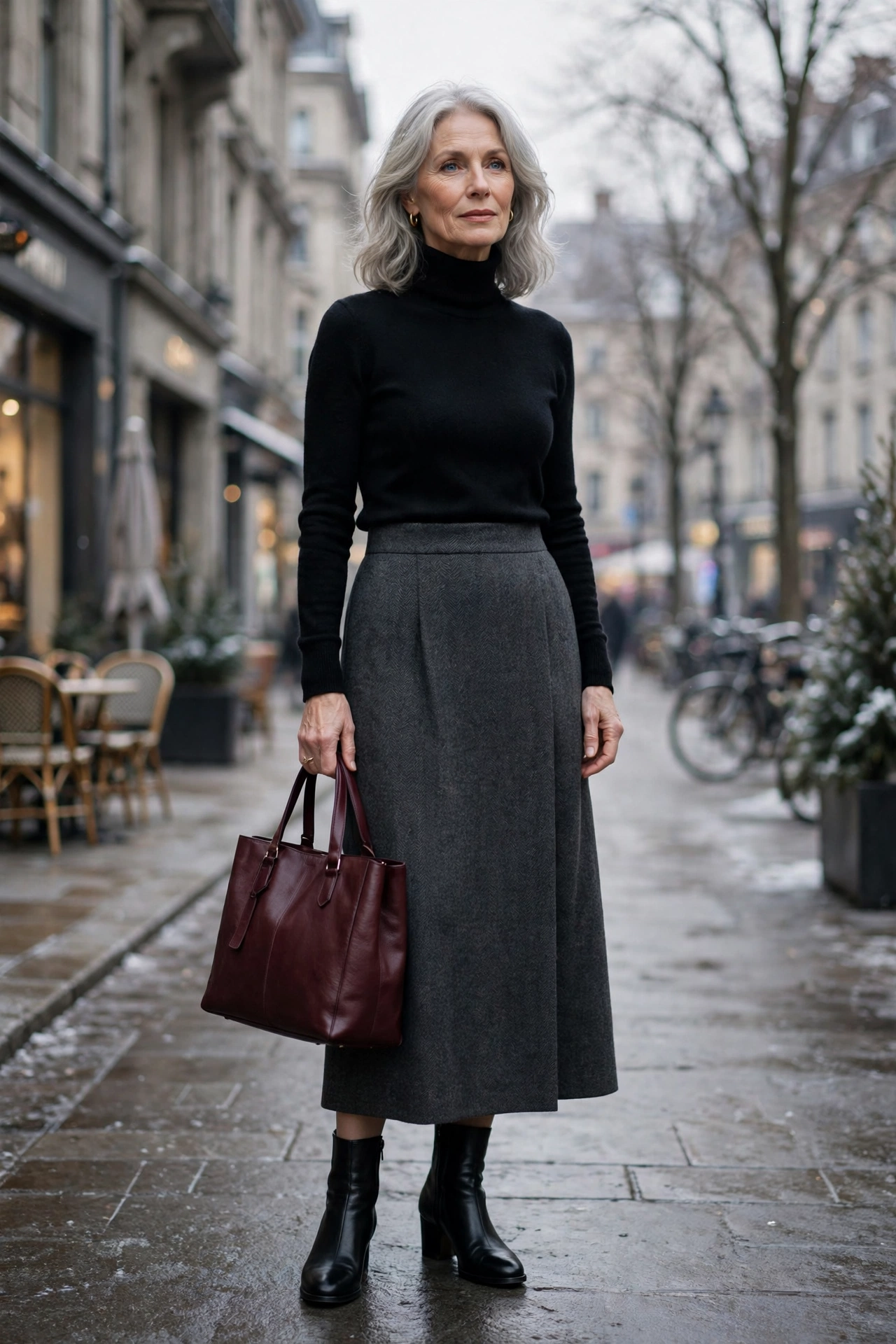 Elegant woman over 60 in a black turtleneck tucked into a charcoal wool midi skirt with ankle boots