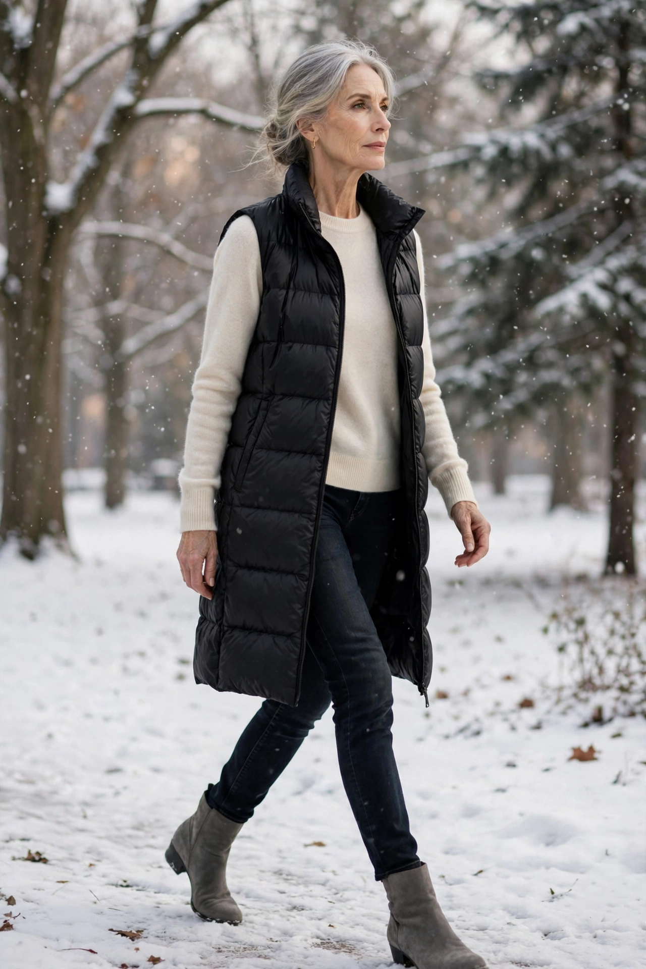 Elegant woman over 60 in a long black puffer vest over a cream cashmere sweater with slim jeans