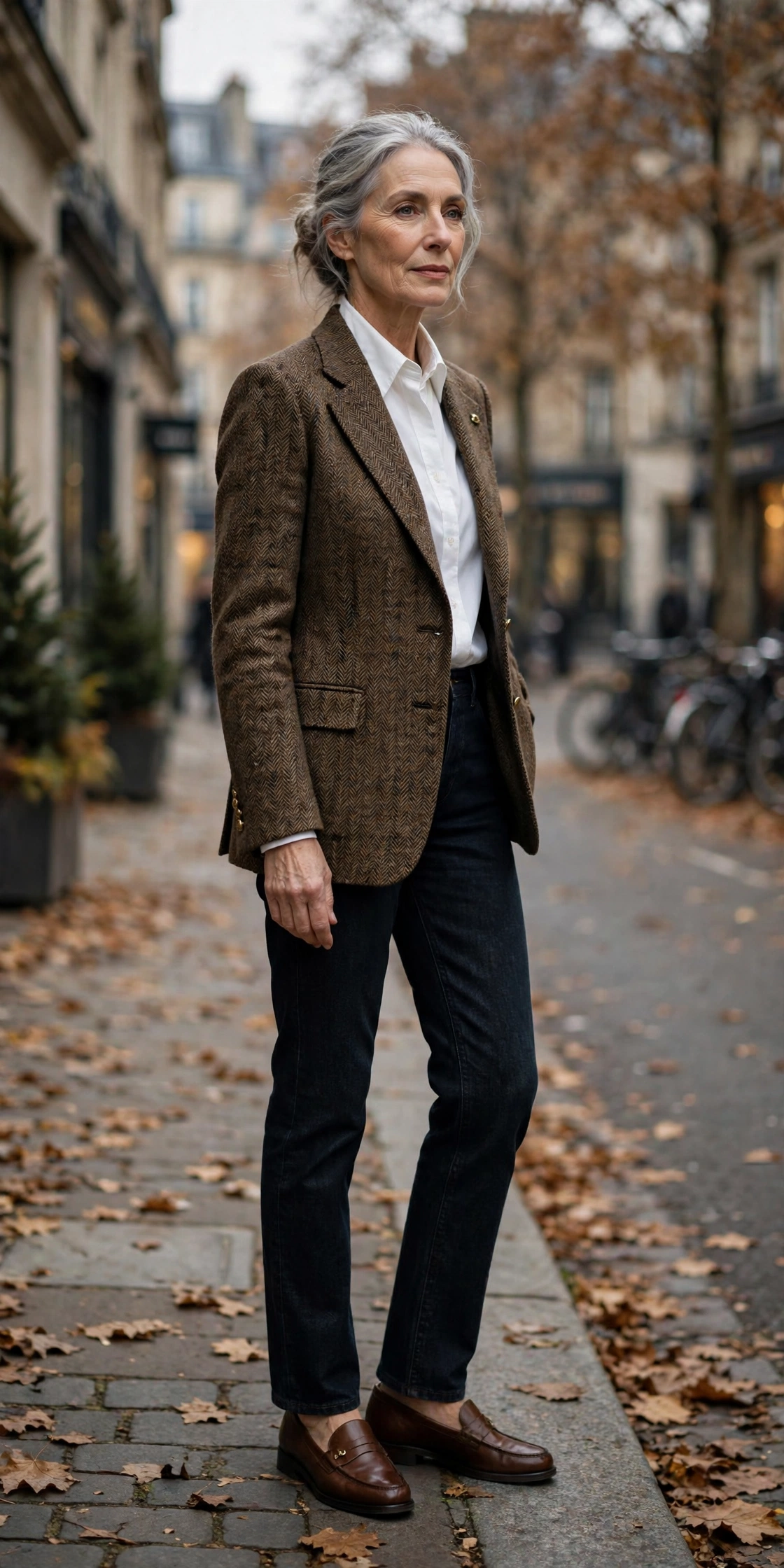 Elegant woman over 60 in a brown tweed blazer, white shirt and dark straight-leg jeans