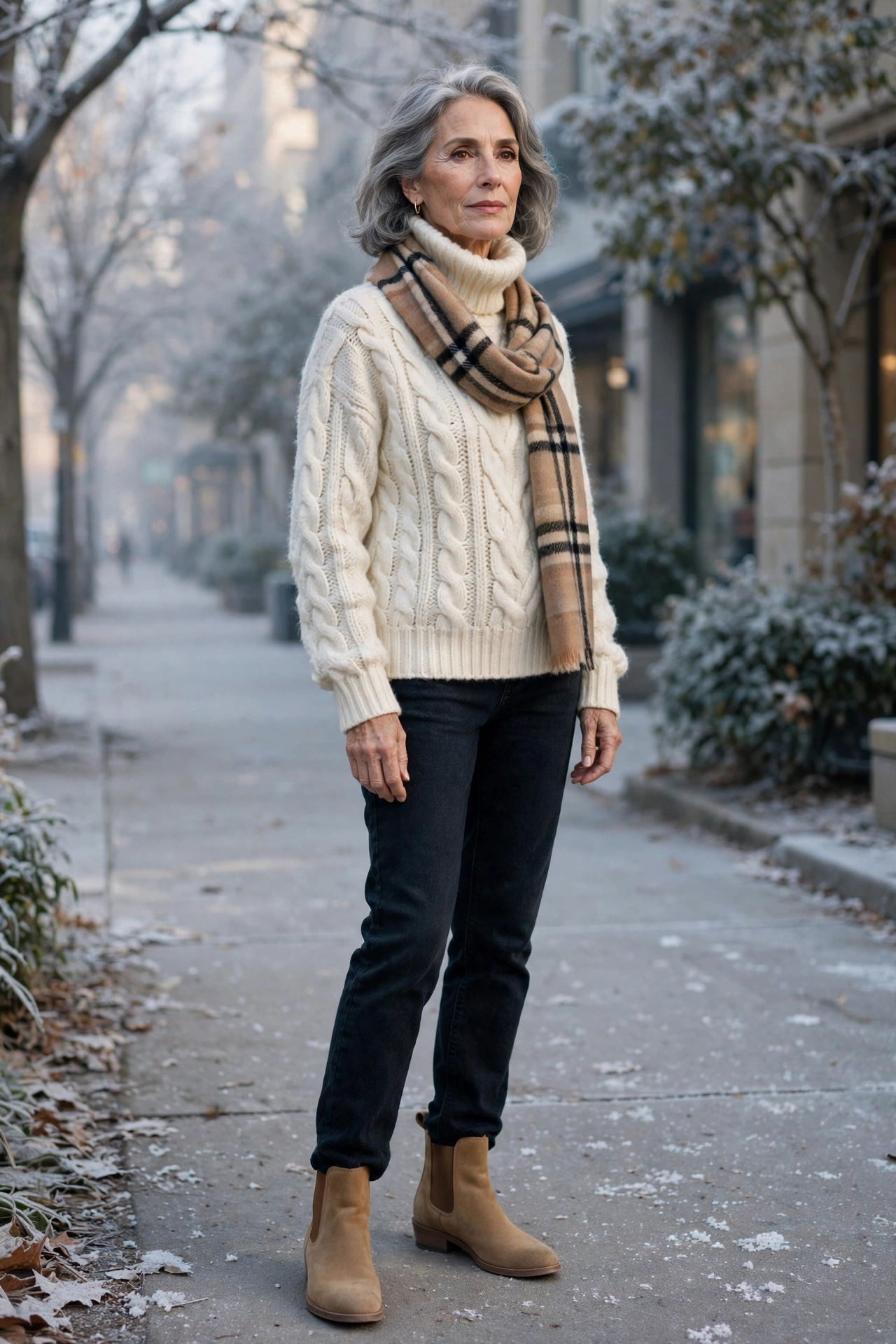 Elegant woman over 60 in an ivory cable-knit turtleneck with dark fleece-lined jeans and tan boots