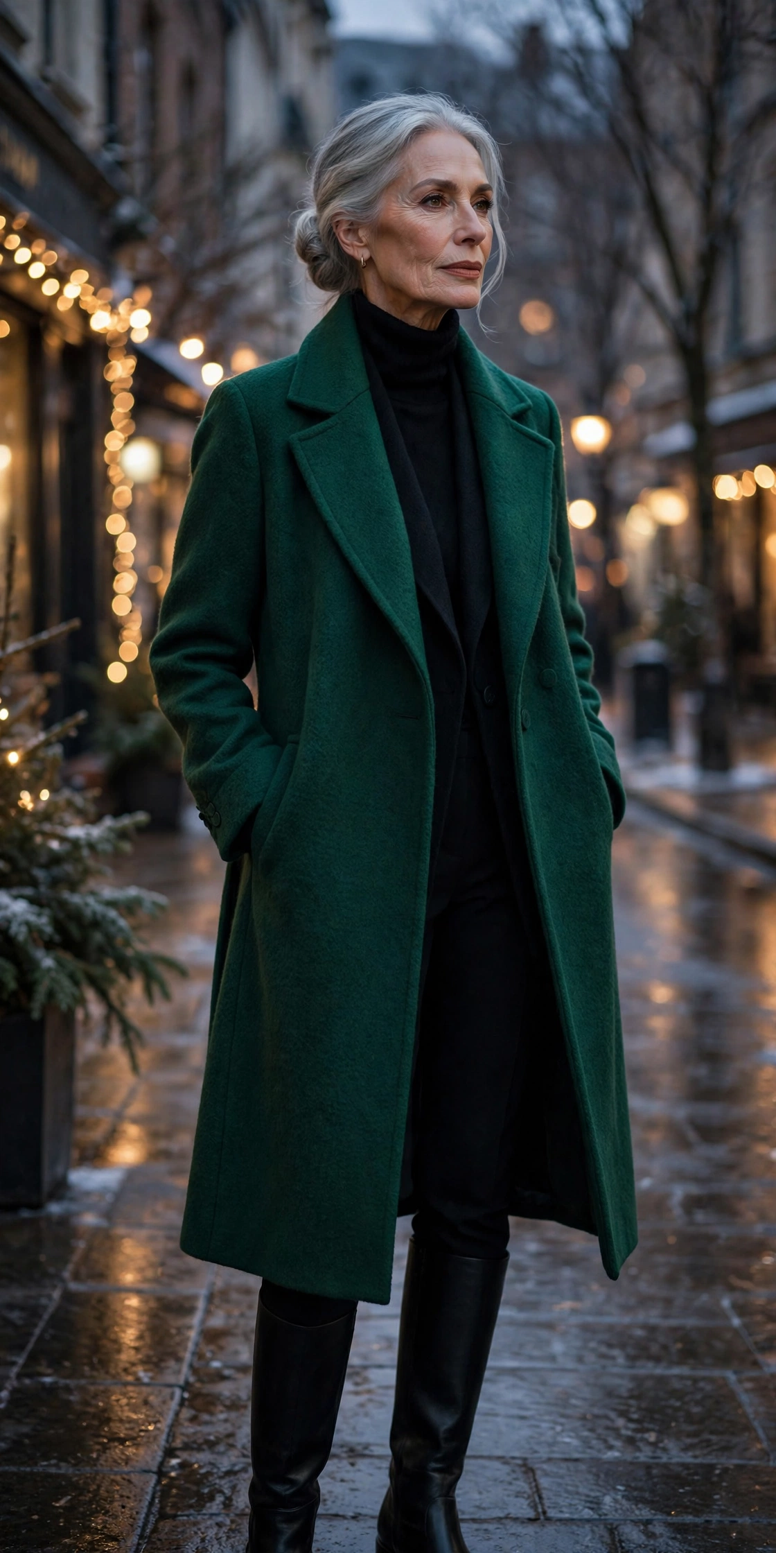 Elegant woman over 60 in an emerald wool coat over all-black winter layers