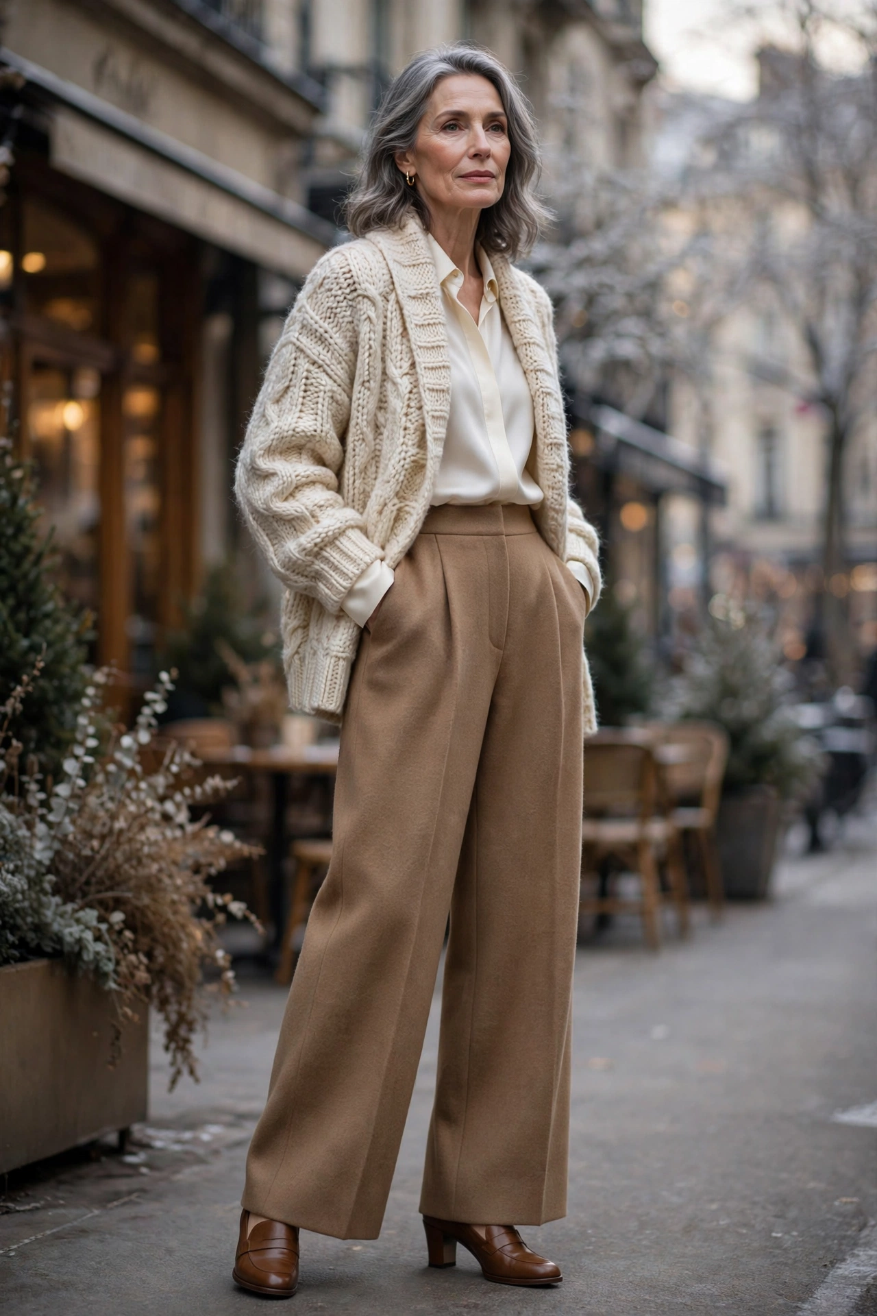Elegant woman over 60 in a chunky cream knit cardigan over a silk blouse with camel wide-leg trousers