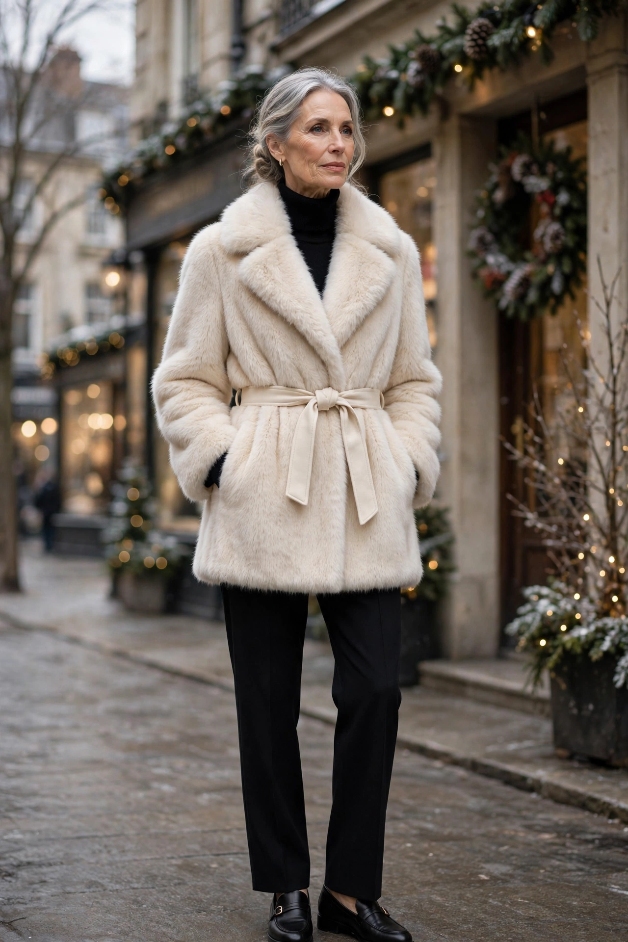 Elegant woman over 60 in a belted cream faux-fur coat over a black turtleneck and black trousers