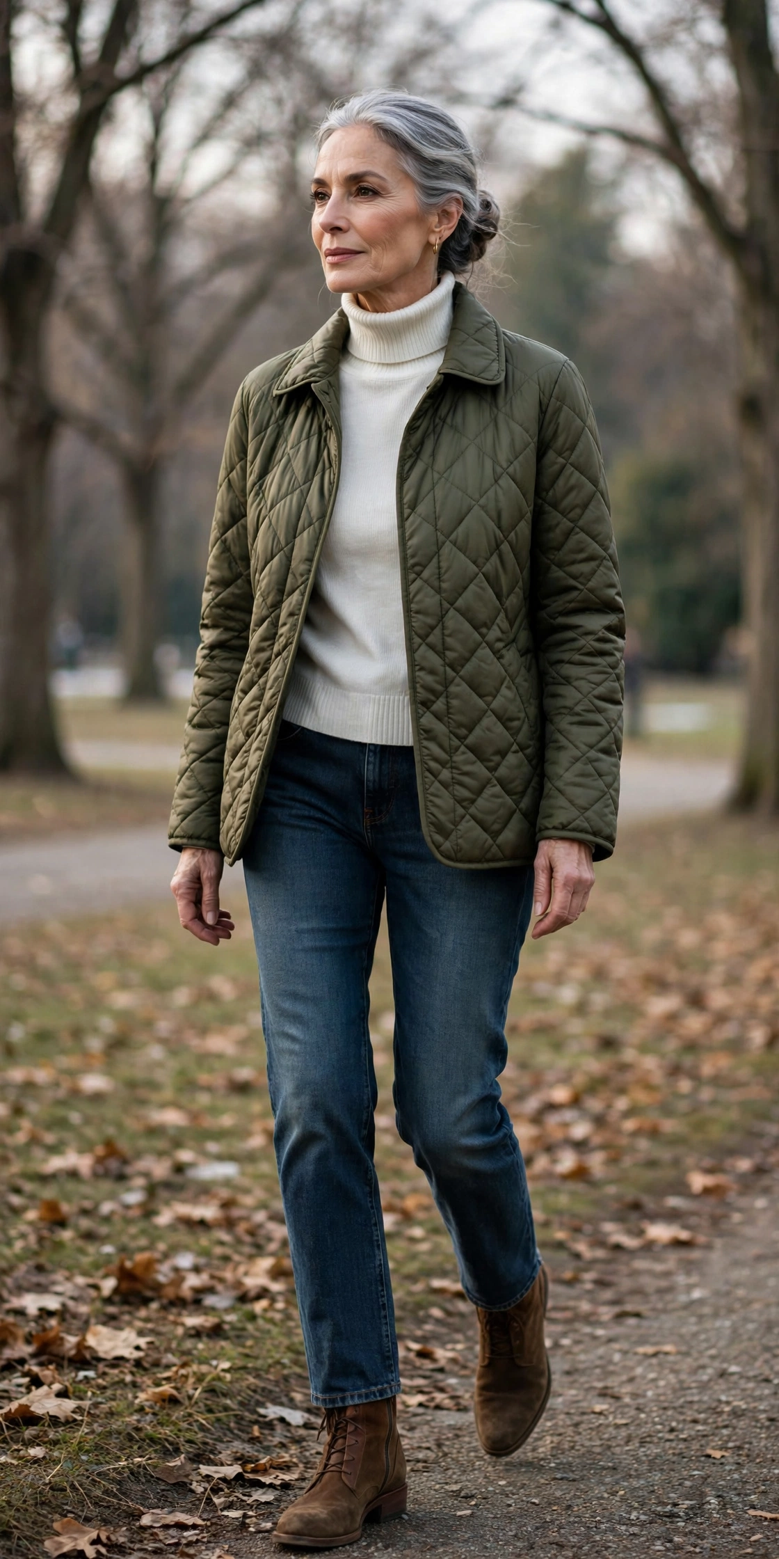 Elegant woman over 60 in an olive quilted jacket over a white turtleneck with dark jeans