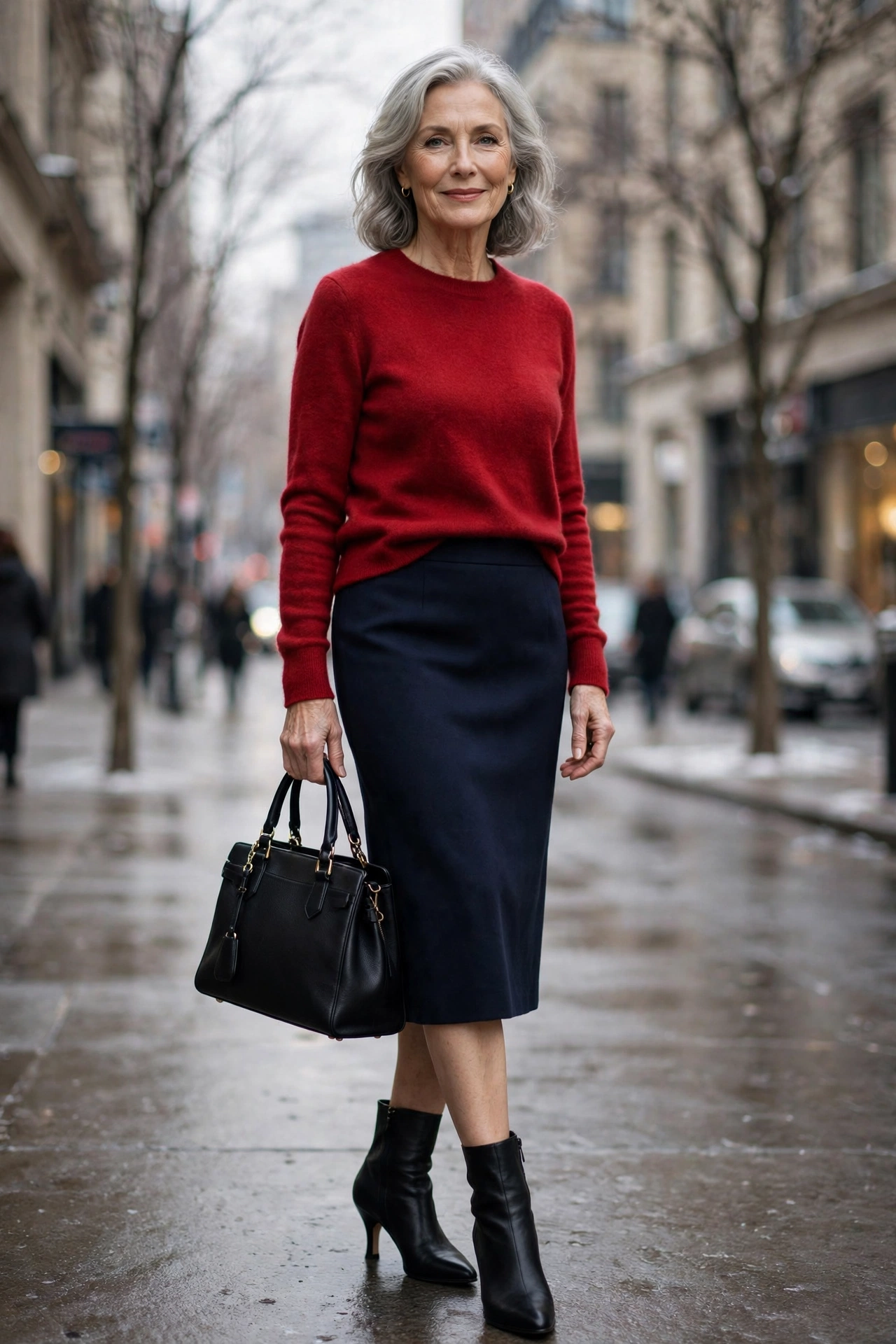 Elegant woman over 60 in a red cashmere sweater tucked into a navy pencil skirt with heeled boots