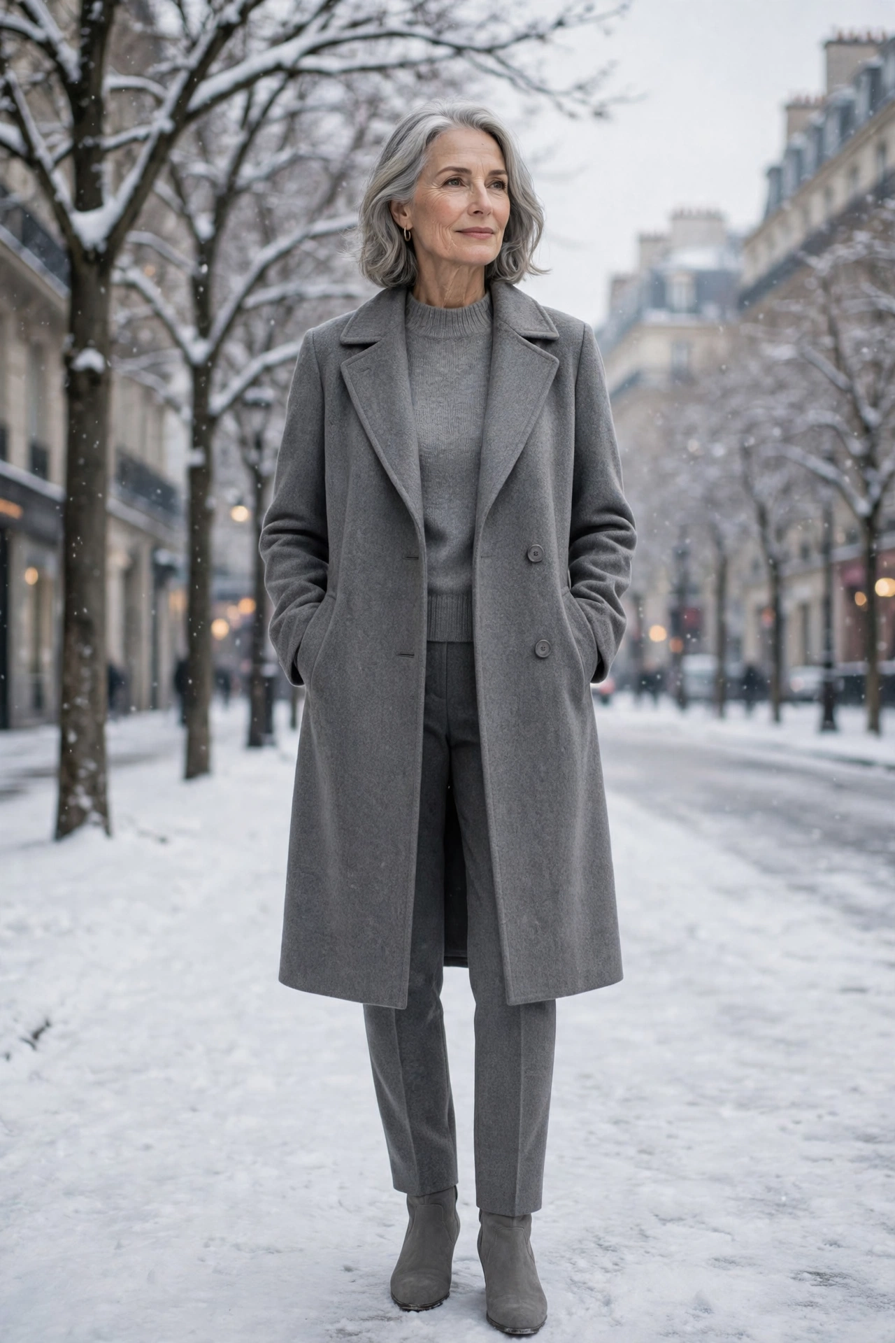 Elegant woman over 60 in a monochrome grey winter outfit: wool coat, knit sweater and trousers