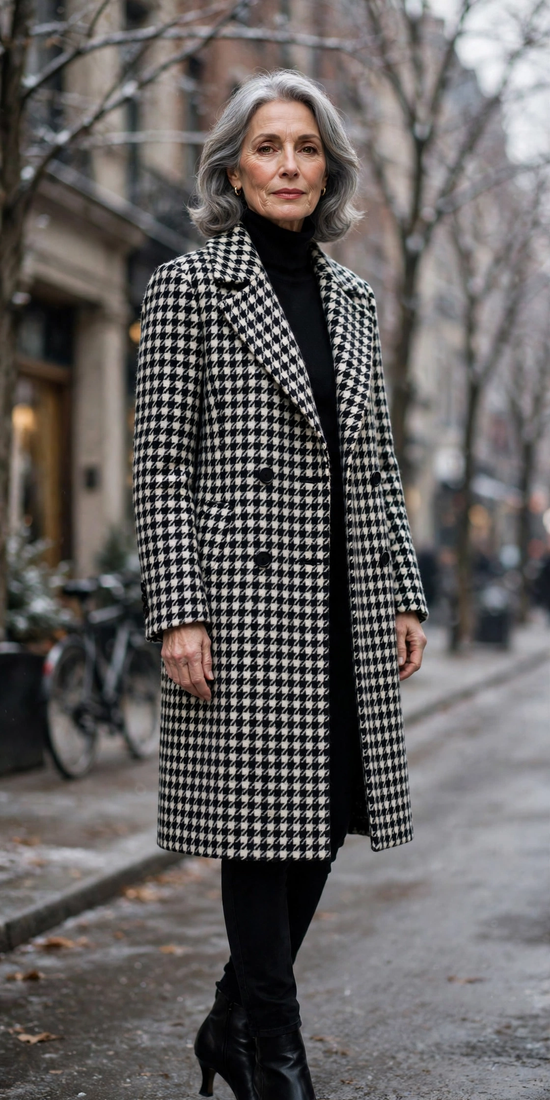 Elegant woman over 60 in a black-and-white houndstooth wool coat with black leather ankle boots