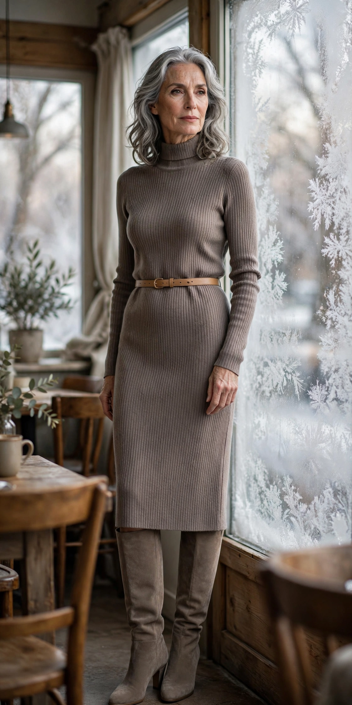Elegant woman over 60 in a taupe ribbed sweater dress with a belt and suede knee-high boots