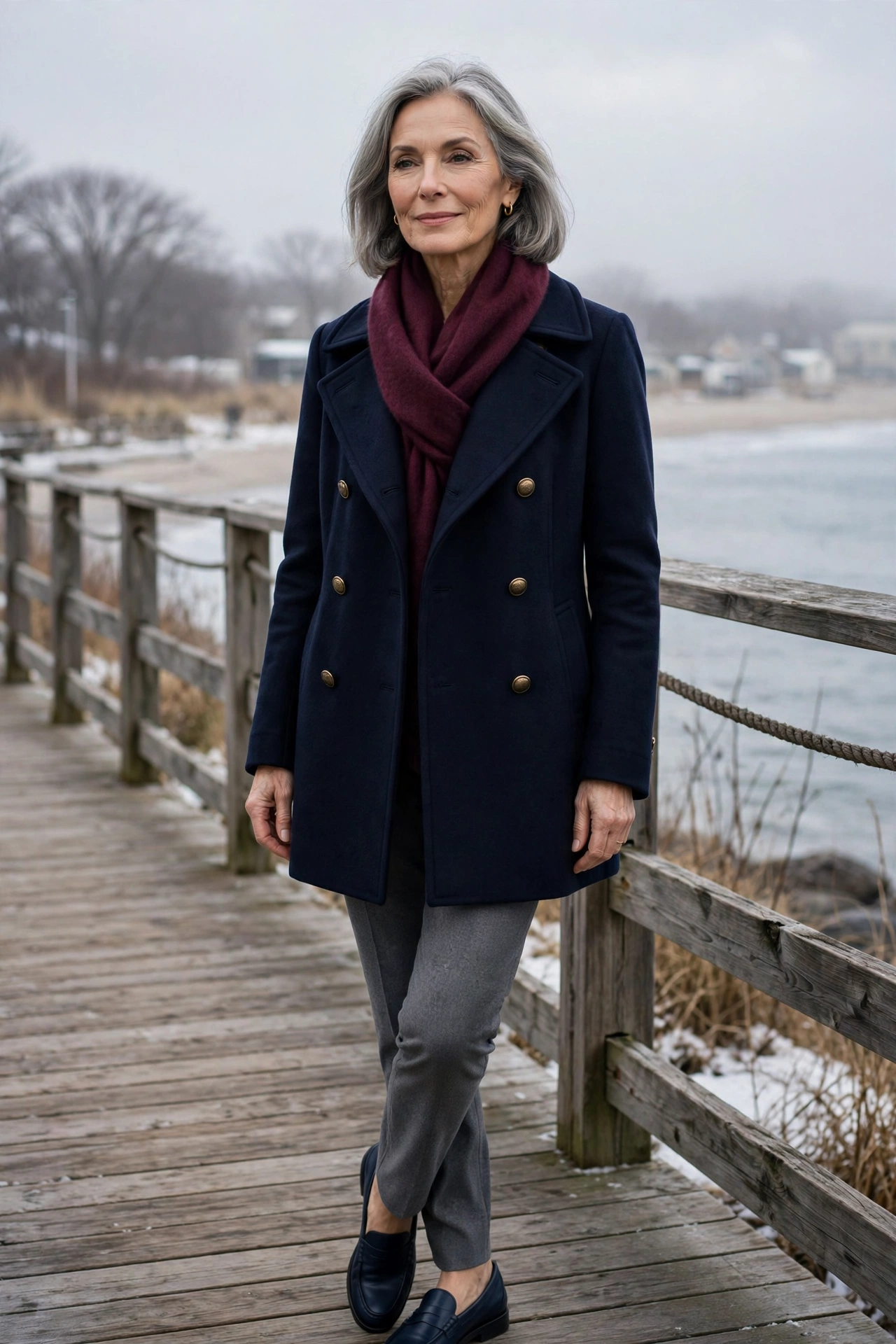 Elegant woman over 60 in a navy peacoat with a burgundy cashmere scarf and grey trousers