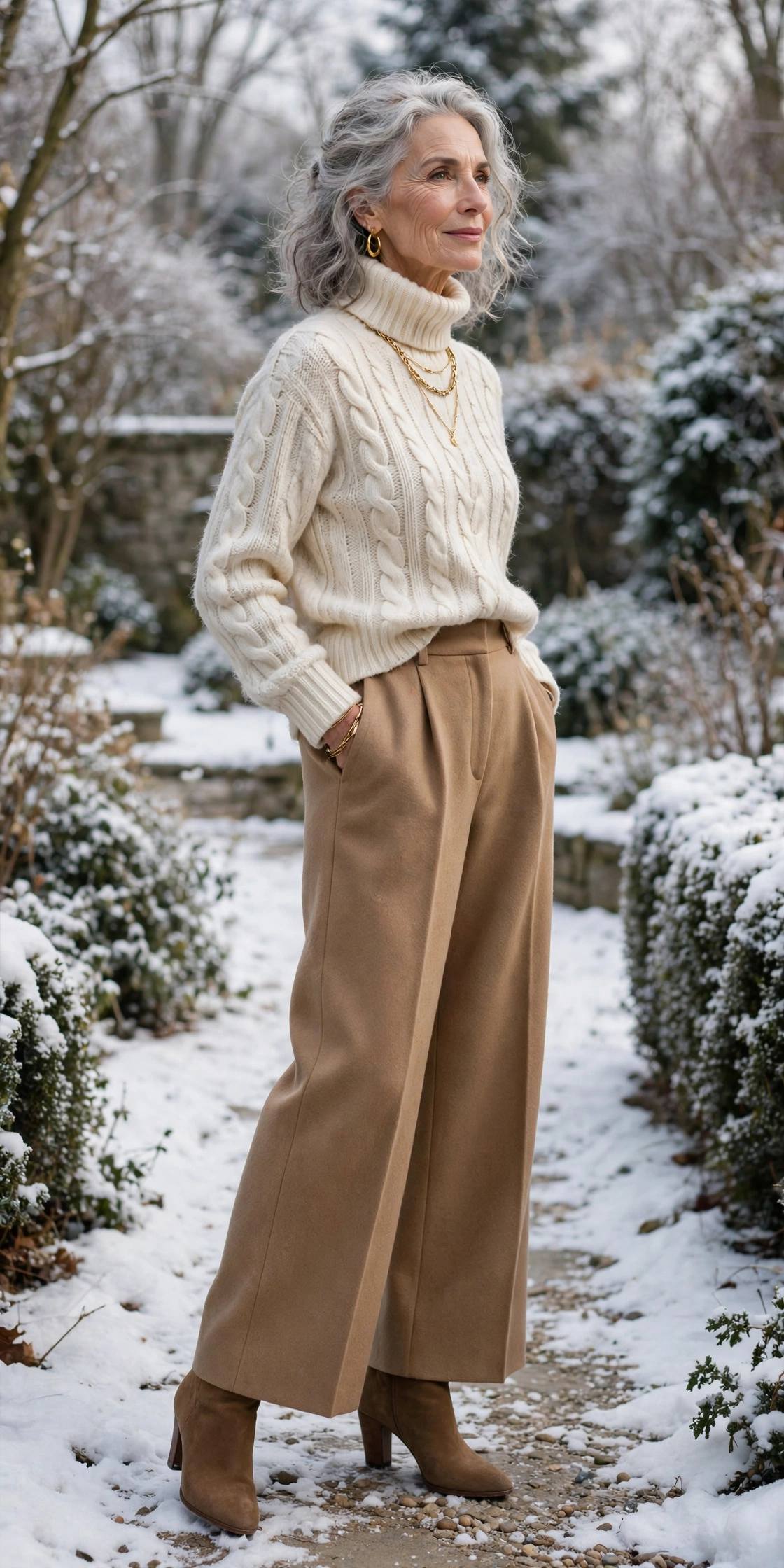 Elegant woman over 60 in a cream cable-knit turtleneck tucked into camel wide-leg wool trousers