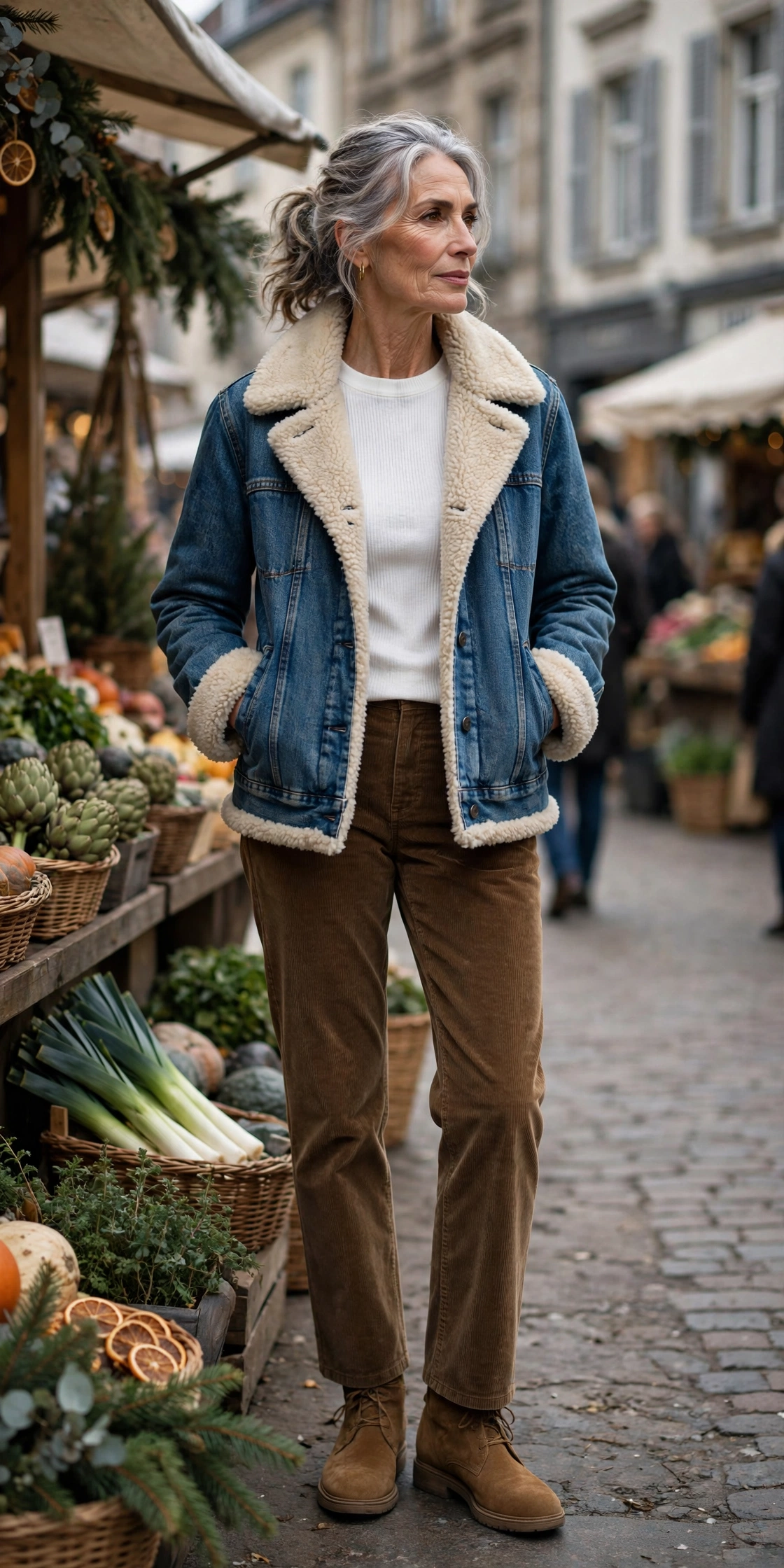 Elegant woman over 60 in a shearling-lined denim jacket over a thermal top with corduroys