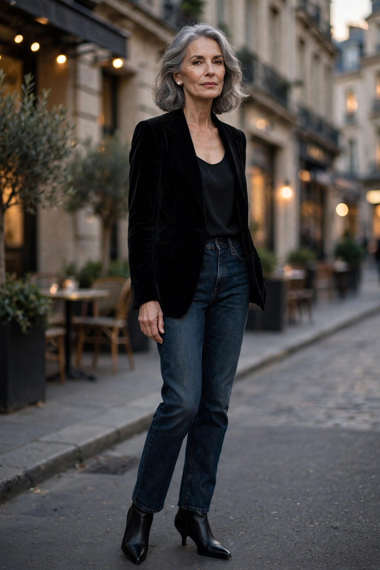 Elegant woman over 60 in a black velvet blazer over dark jeans with pointed ankle boots