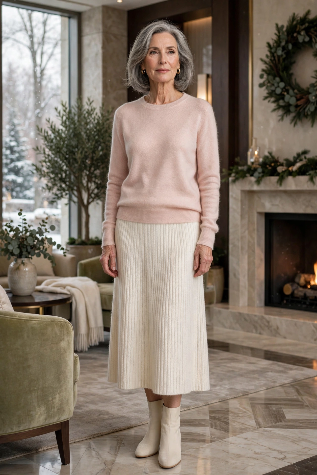 Elegant woman over 60 in a blush cashmere sweater with an ivory knit midi skirt