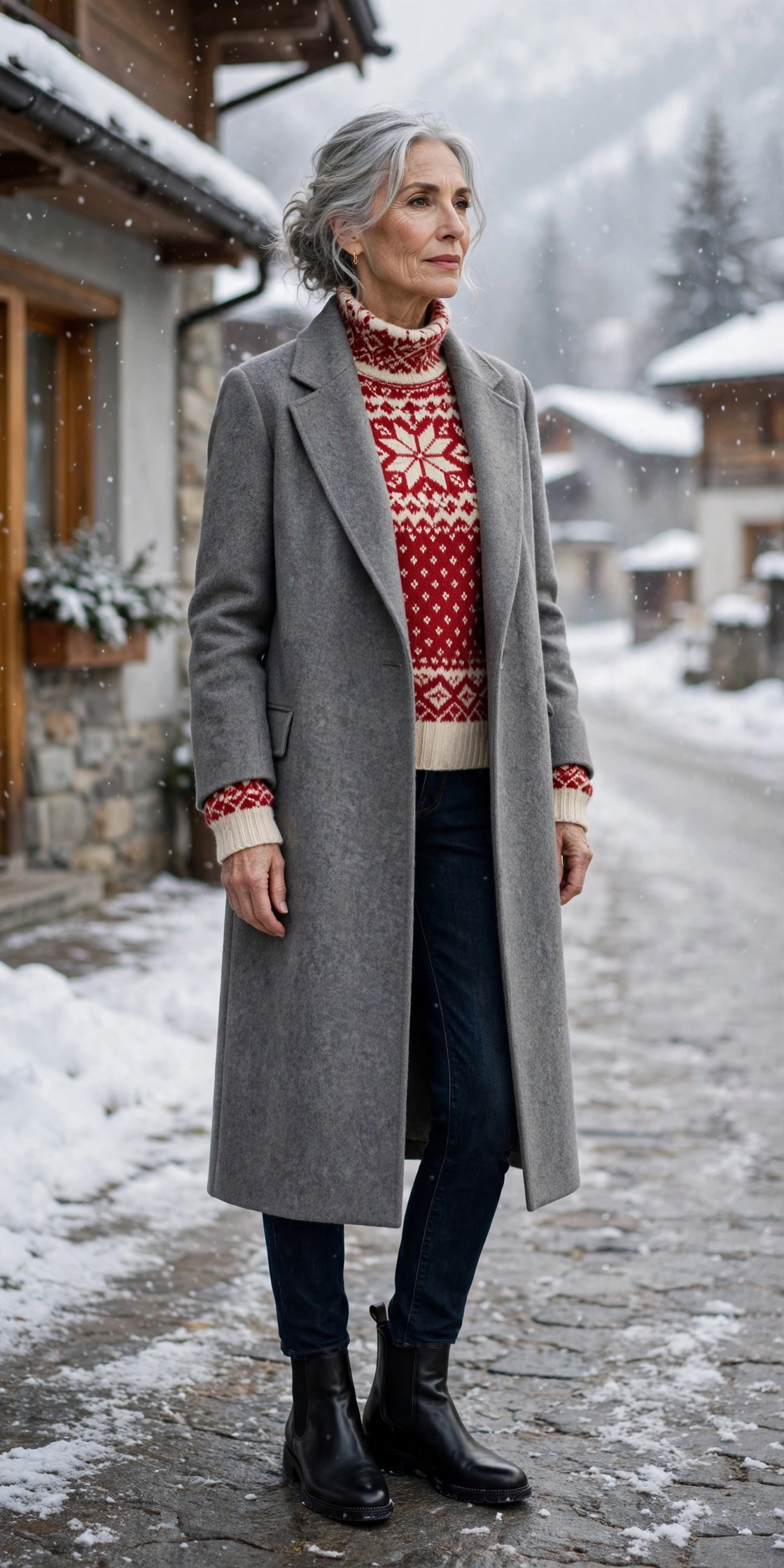 Elegant woman over 60 in a fair-isle sweater under a long grey wool coat with dark jeans