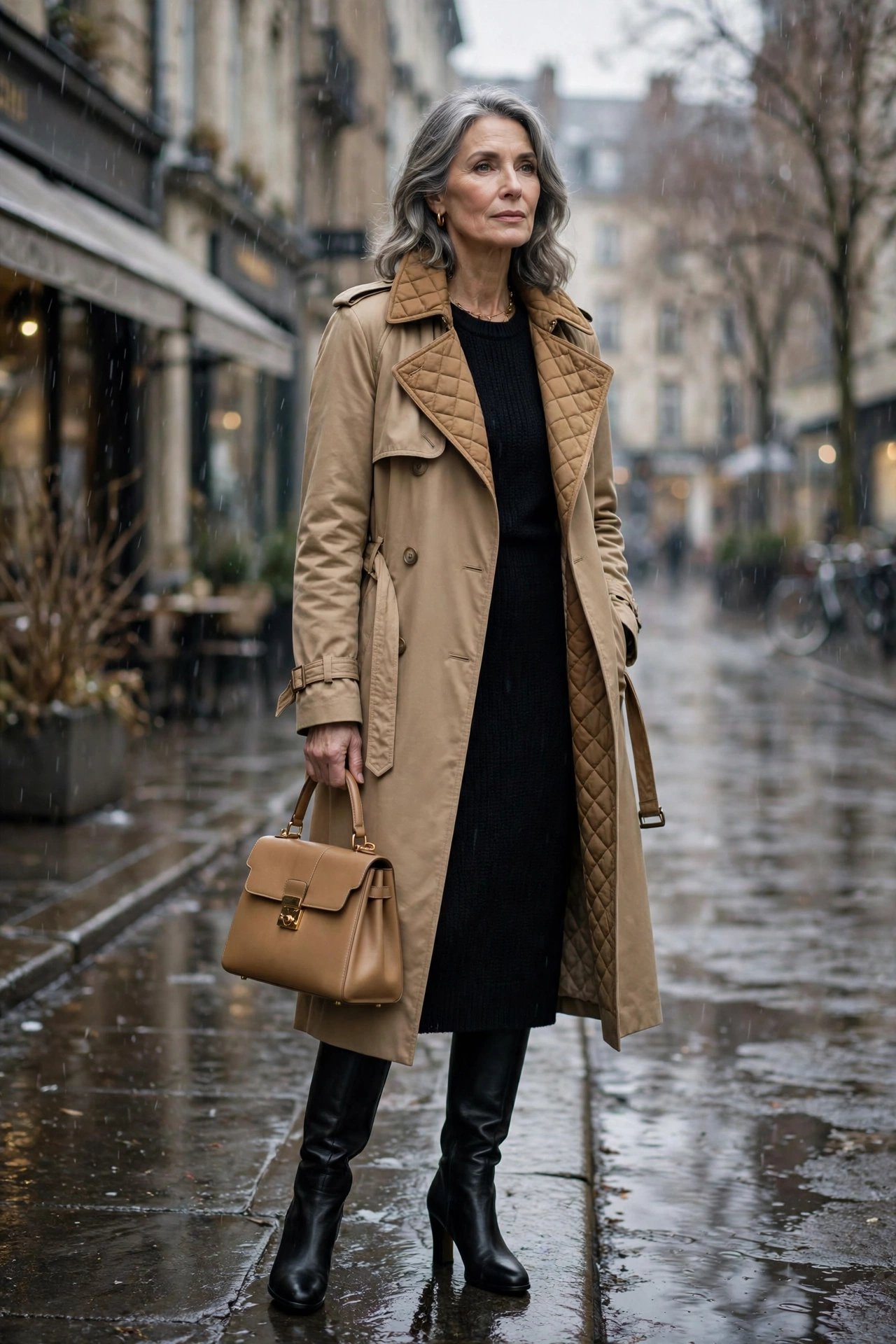 Elegant woman over 60 in a quilted-lined camel trench coat over a black knit dress with knee boots