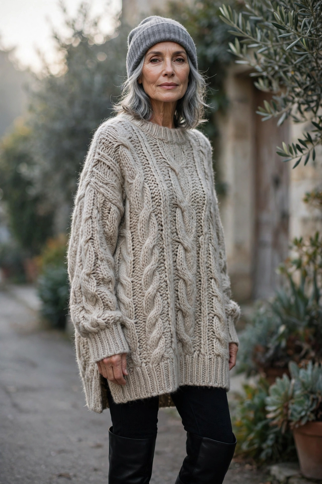 Elegant woman over 60 in an oversized oatmeal knit tunic with black fleece-lined leggings