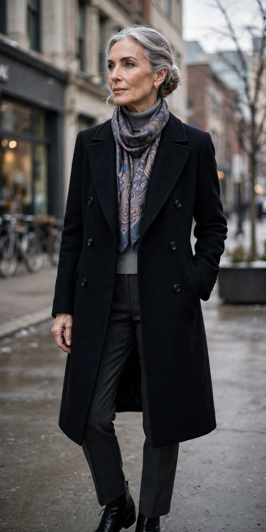 Elegant woman over 60 in a double-breasted black wool coat with a patterned silk scarf