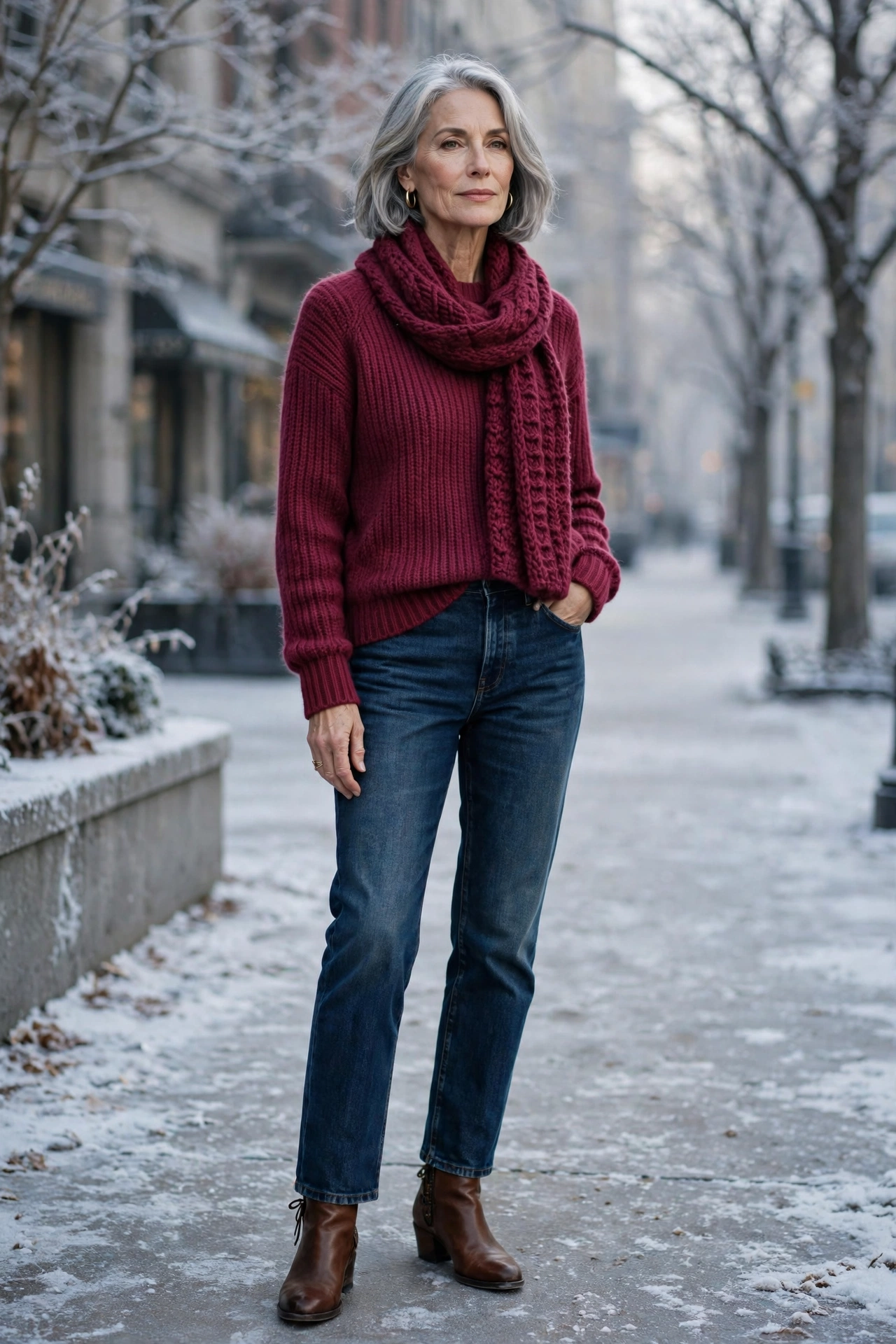 Elegant woman over 60 in a berry knit sweater and scarf set with dark jeans