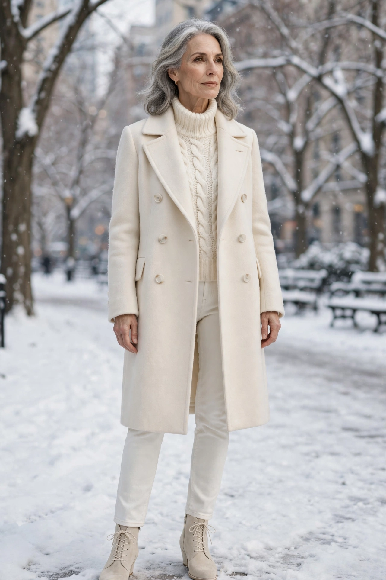 Elegant woman over 60 in an all-ivory monochrome winter outfit with a wool coat and knit