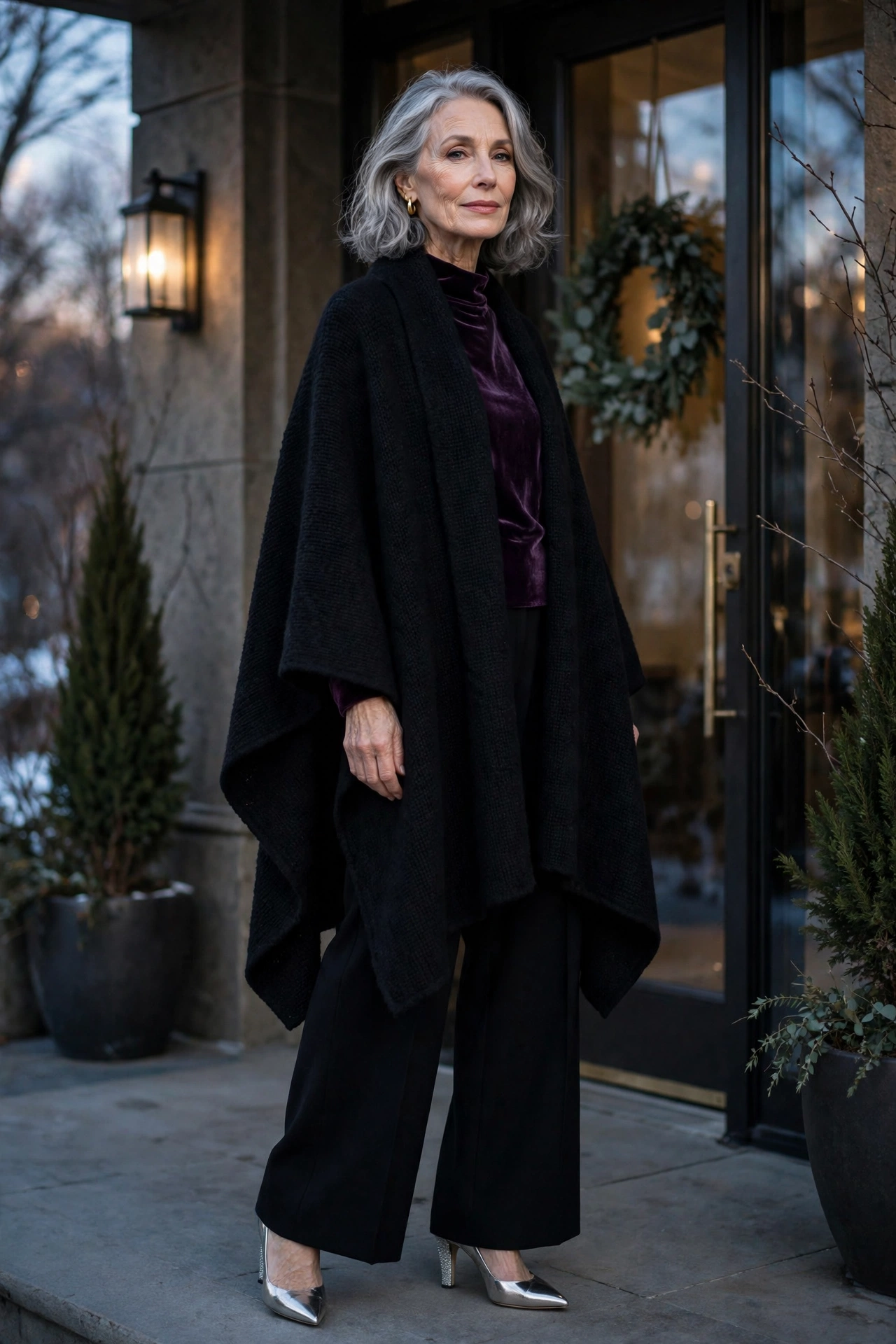Elegant woman over 60 in a long black wool poncho over a plum velvet top