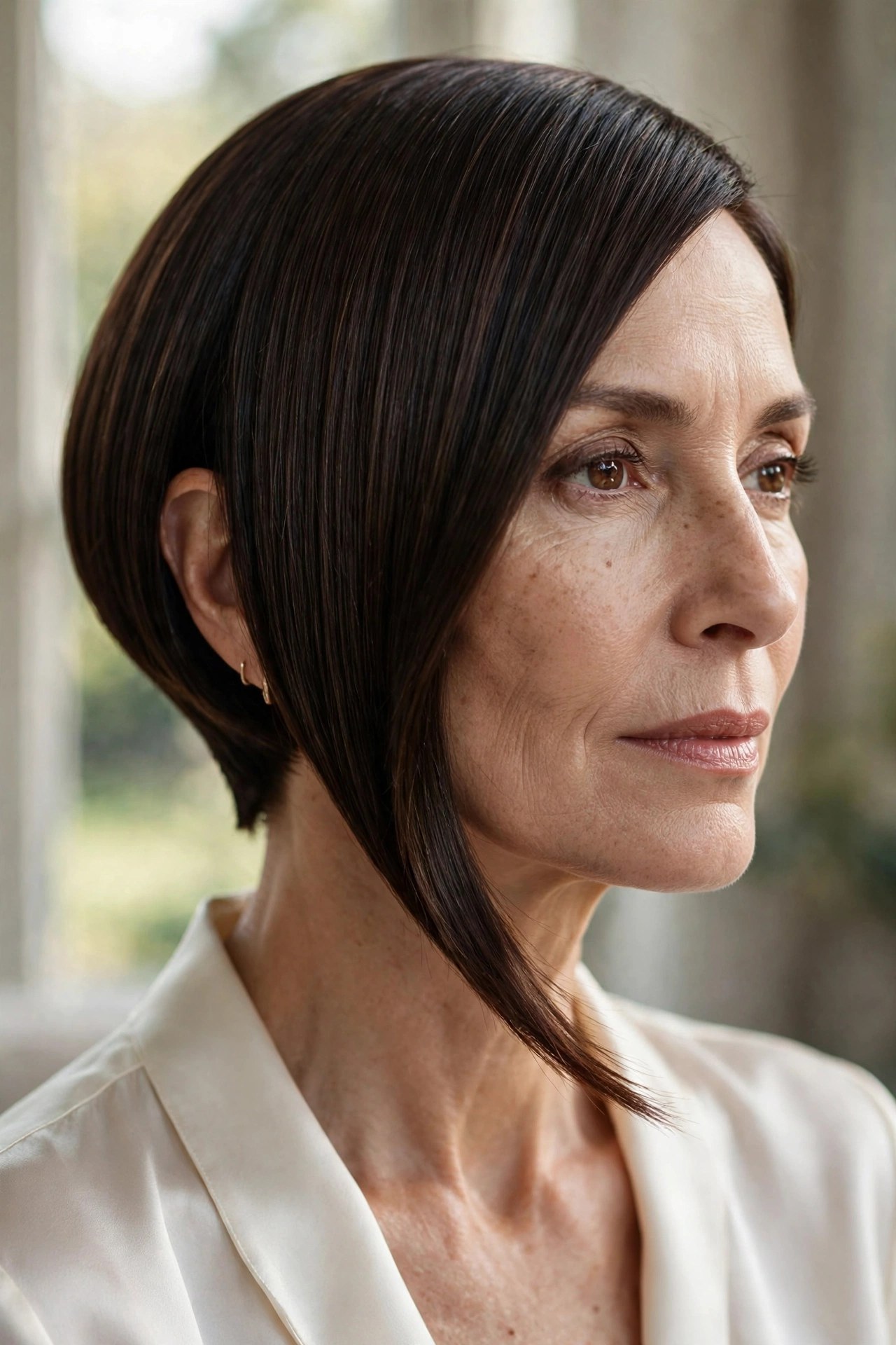 Precision angled bob with crisp diagonal in dark brown