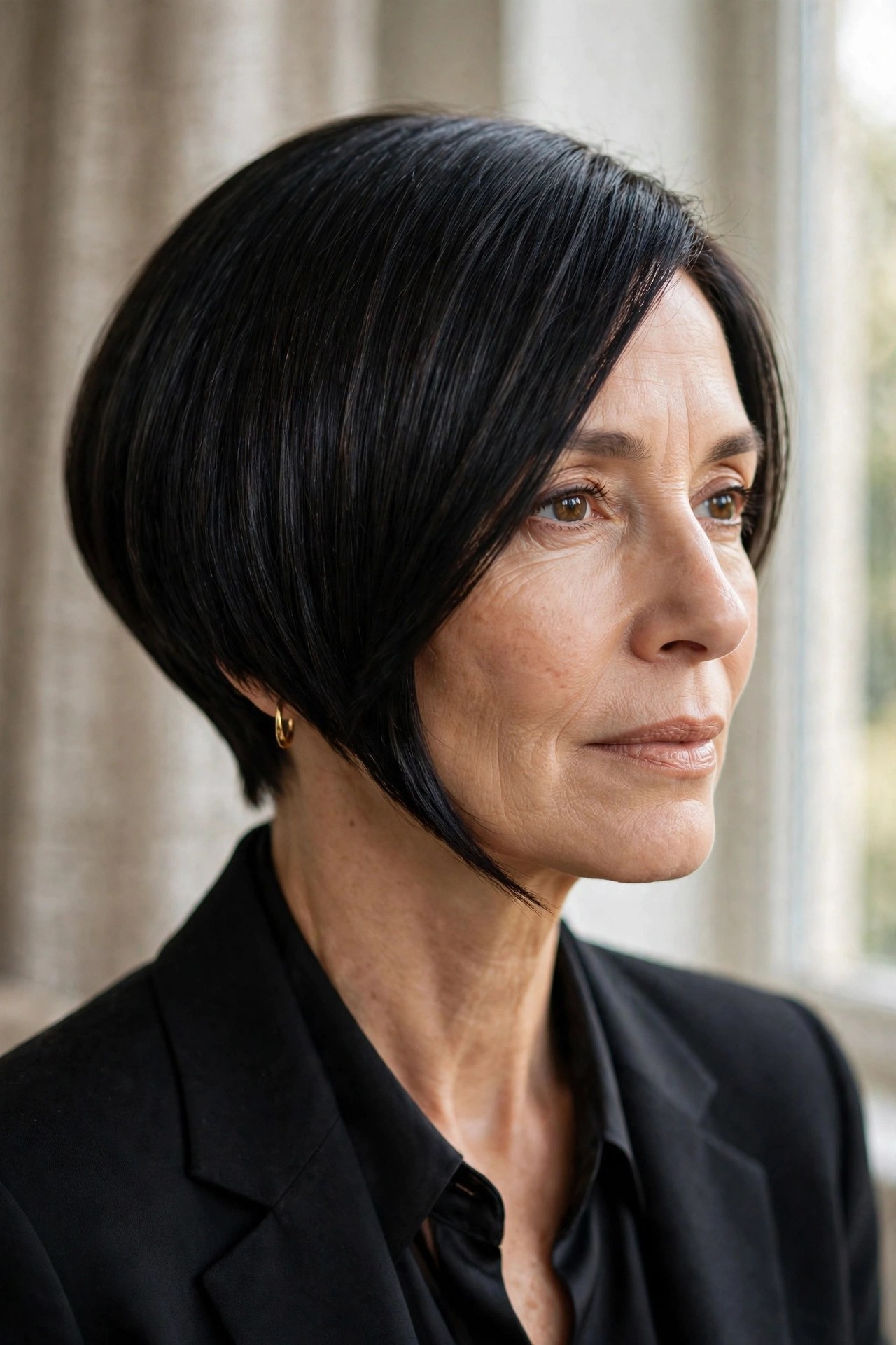 Sleek glass-smooth dark angled bob