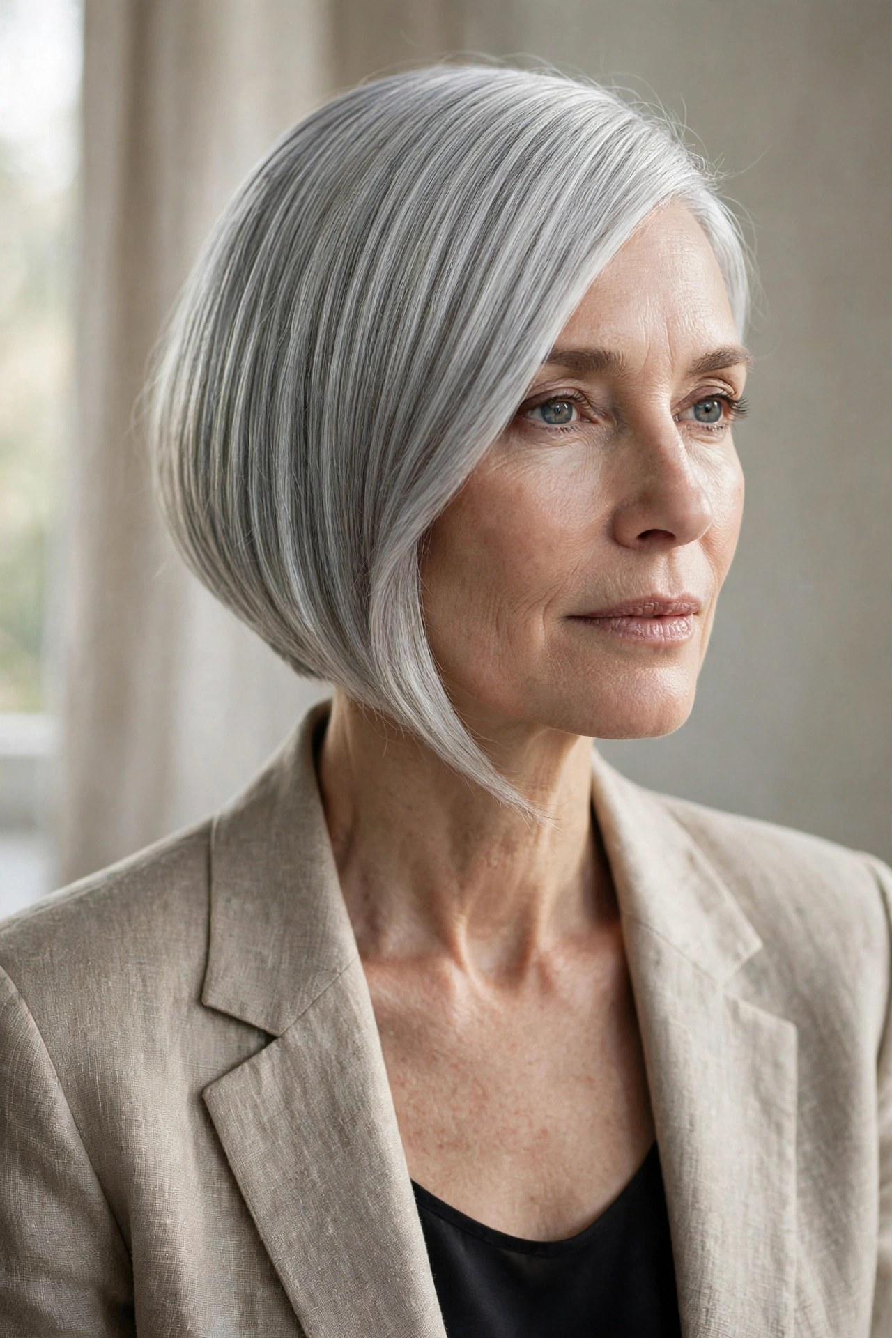 Silver angled bob with sharp diagonal