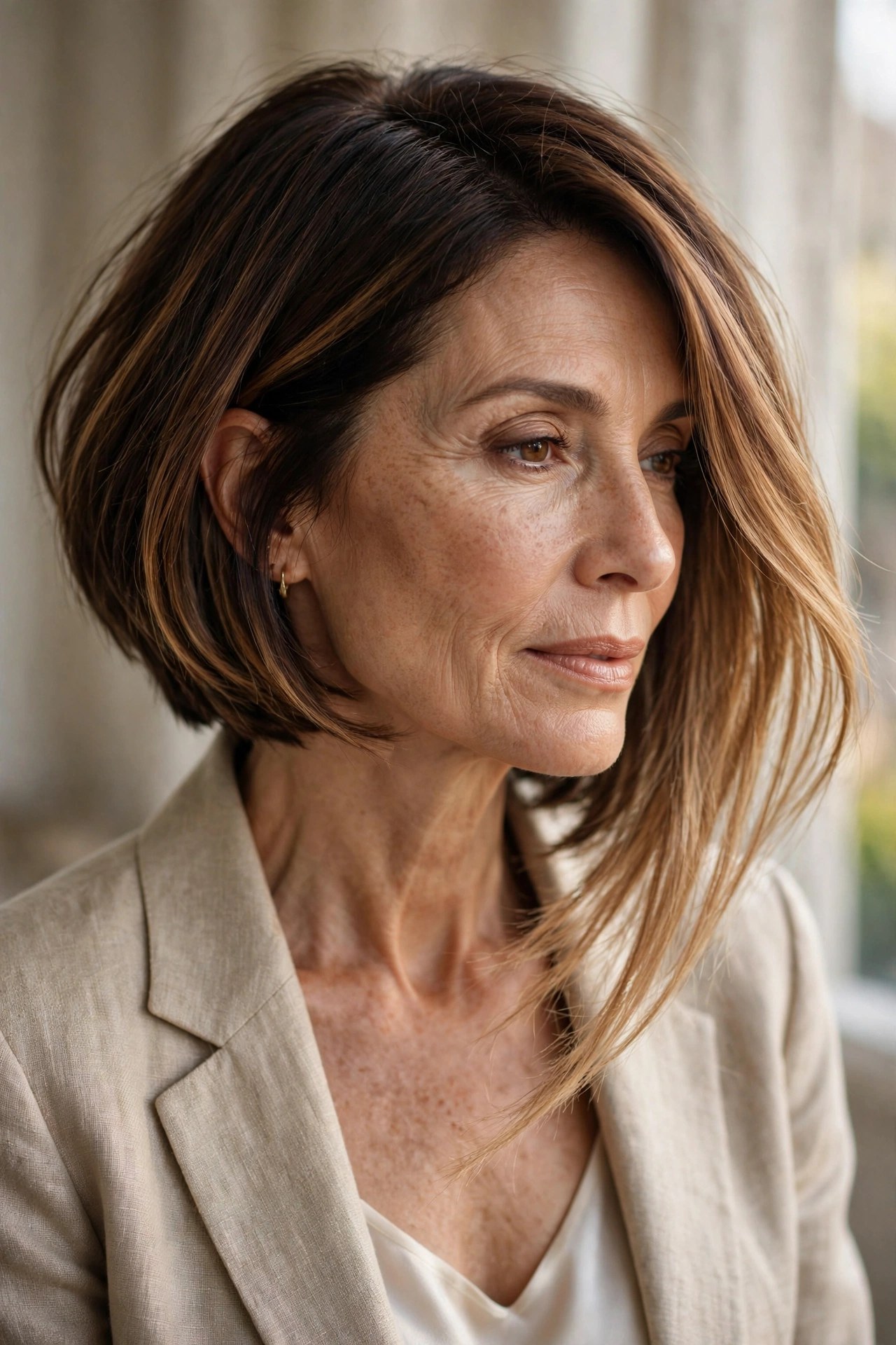 Angled bob with balayage cascading toward the front
