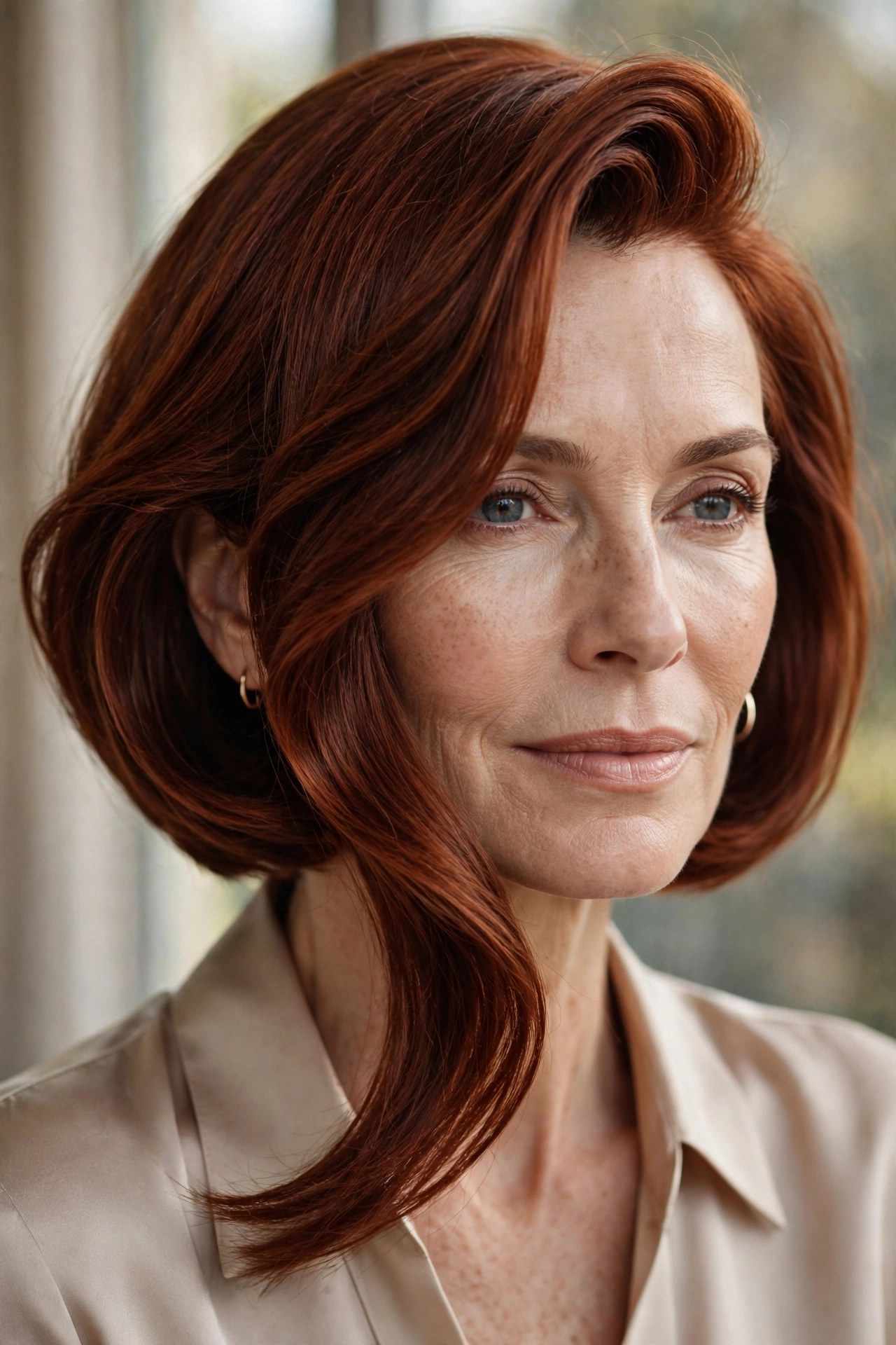 Auburn angled bob with dramatic deep side part