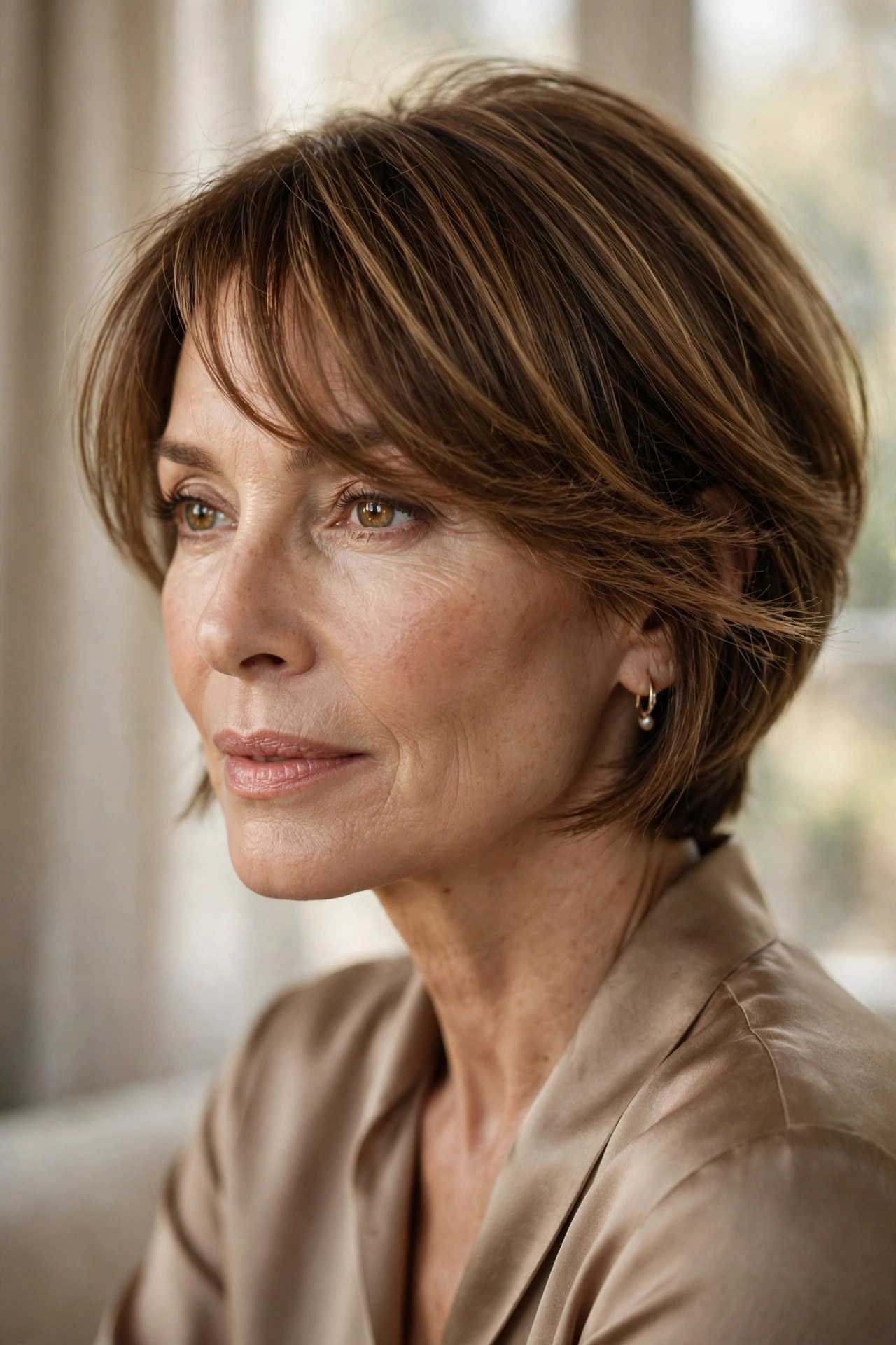Warm brown angled bob with eye-skimming fringe