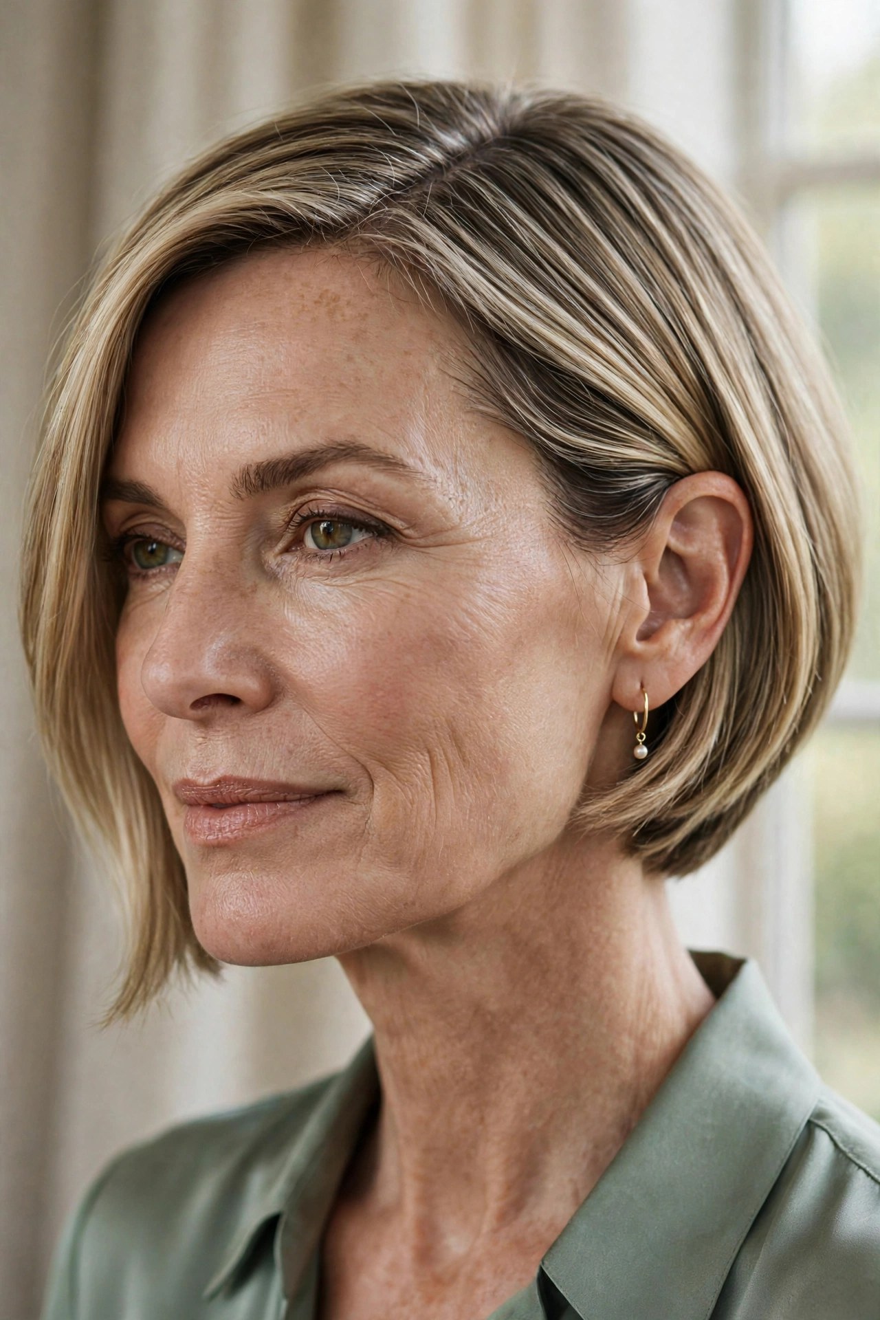 Dark blonde angled bob with shorter side tucked behind ear