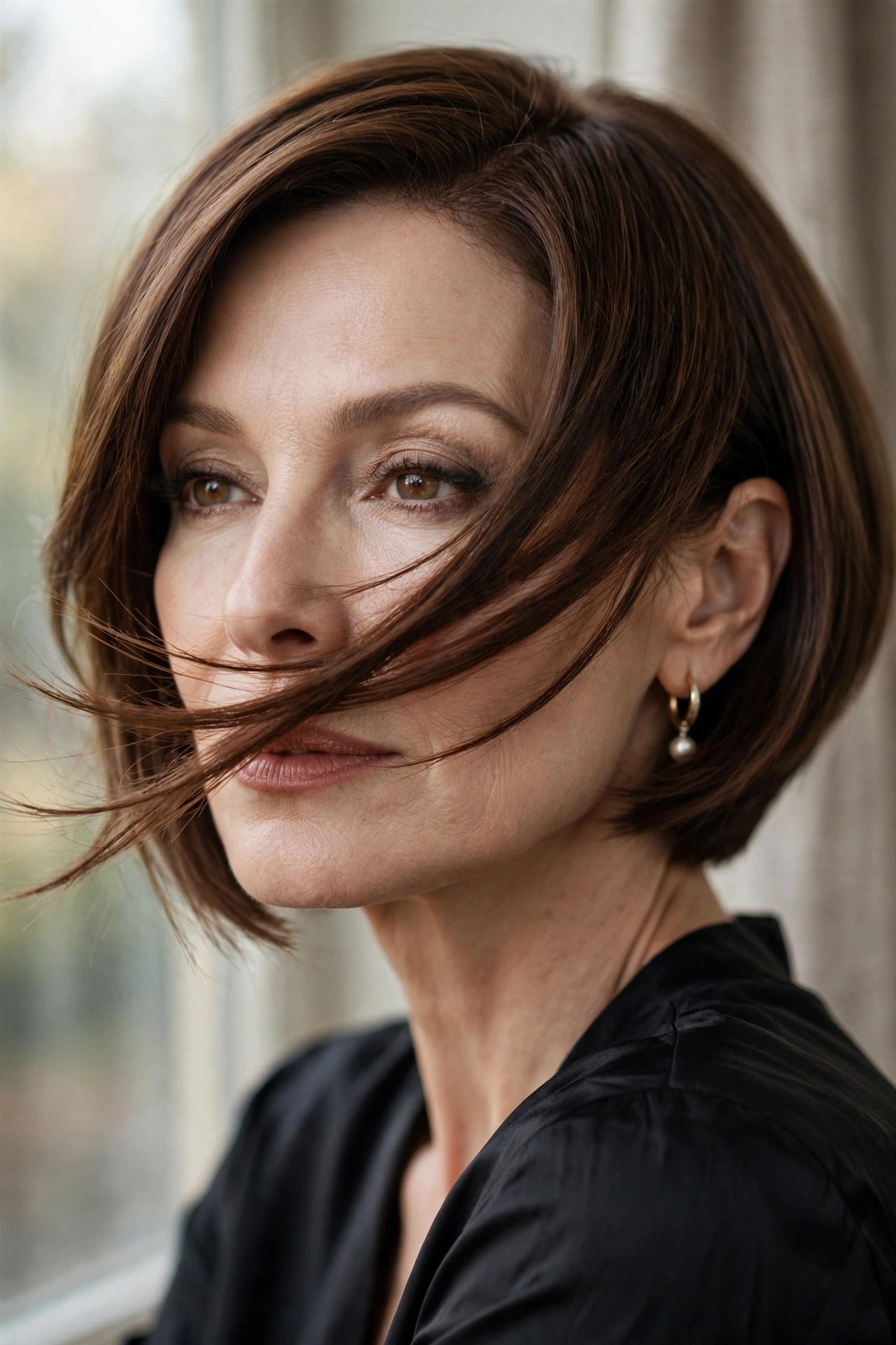 Chestnut angled bob with swooping long front pieces