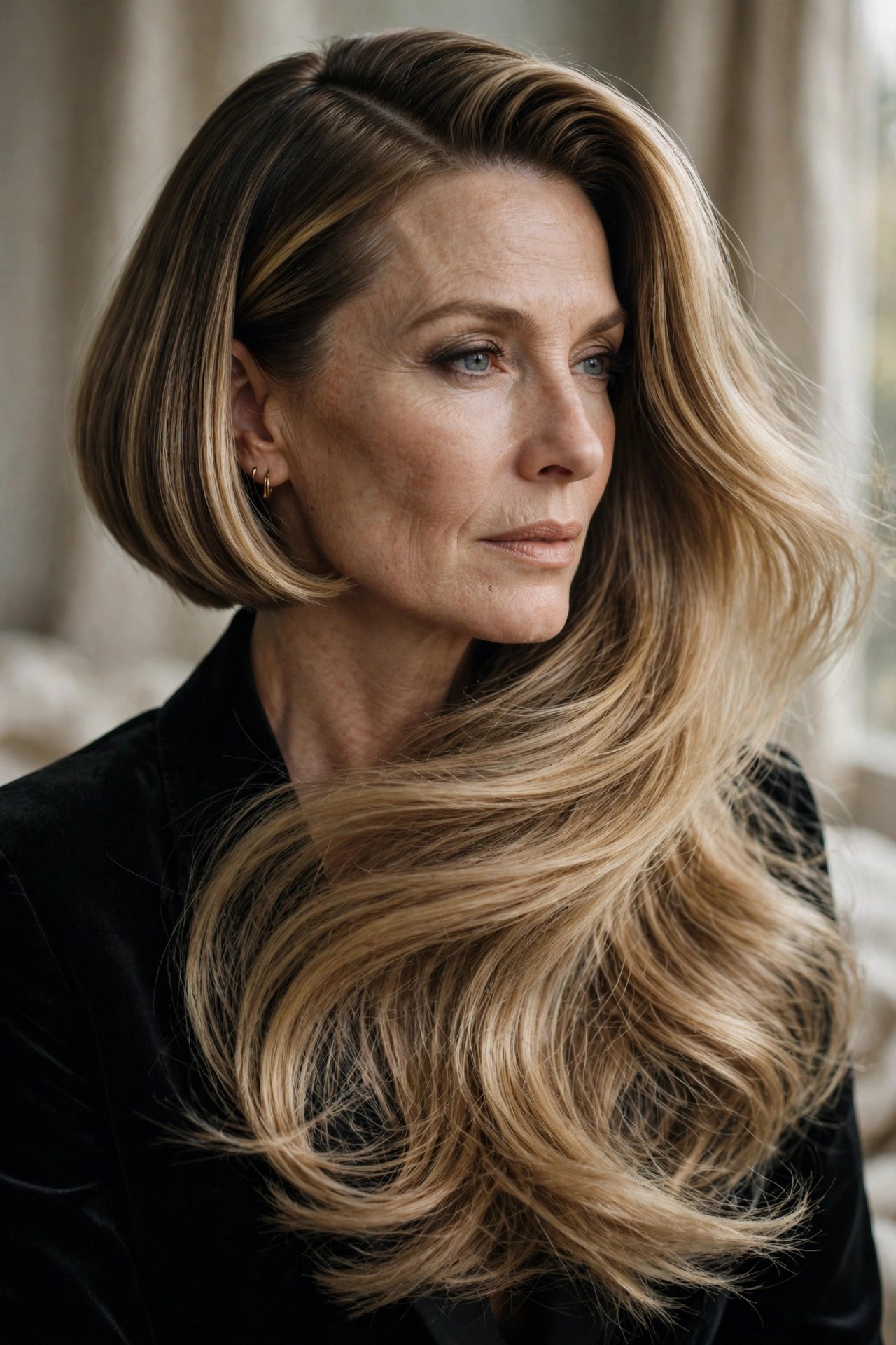Dark blonde angled bob parted deep to one side