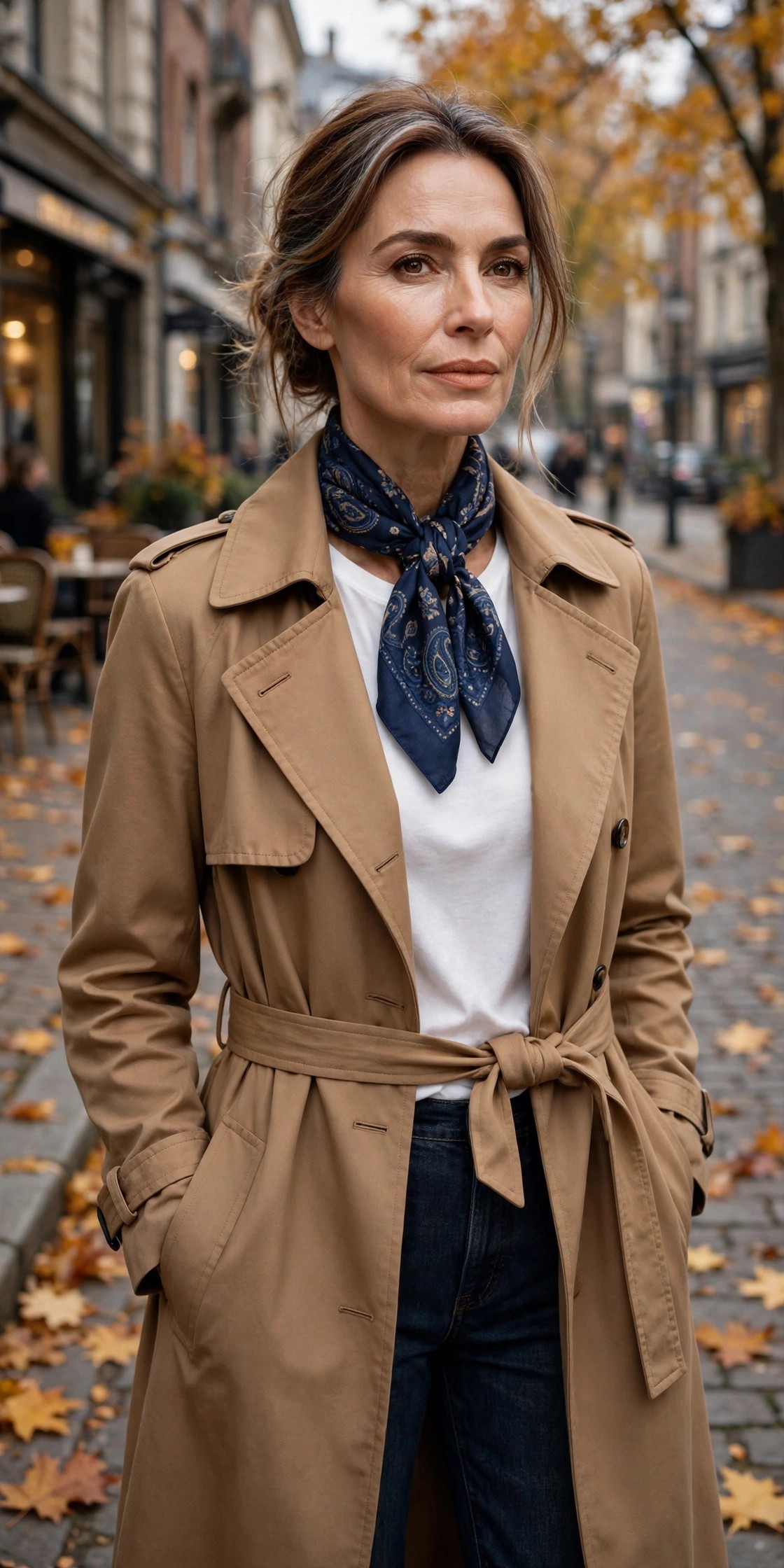 Woman over 50 in a camel trench coat with a printed navy silk square scarf at the neck
