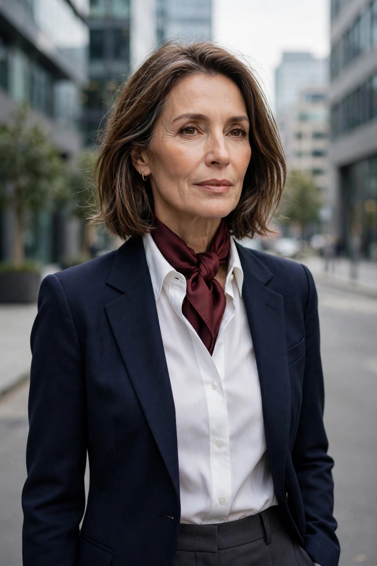 Elegant woman in a navy blazer with a burgundy silk neck scarf and white shirt